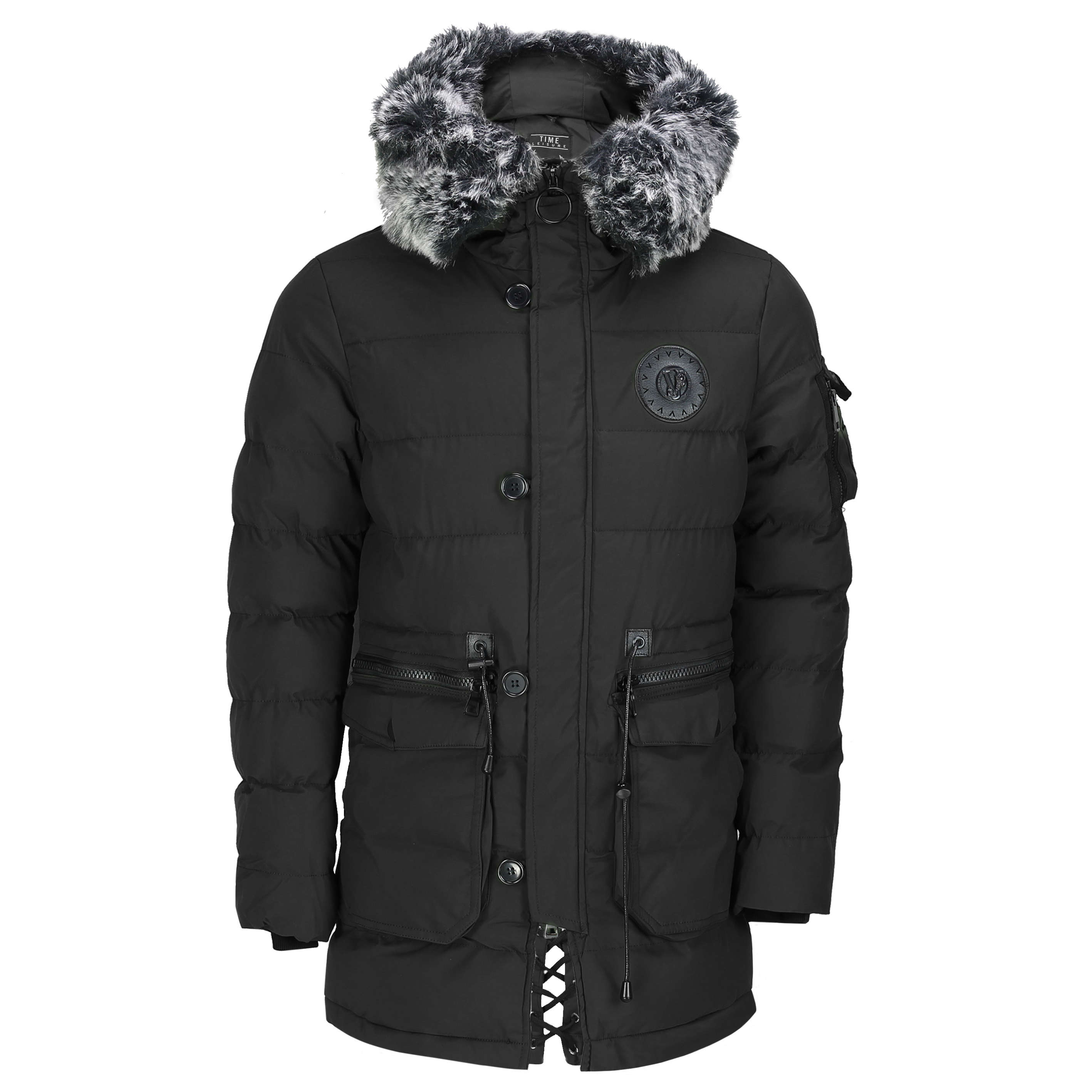 Mens Warm Winter Puffer Jacket Padded Parka Black Fur Trim Hood Waterproof Coat 