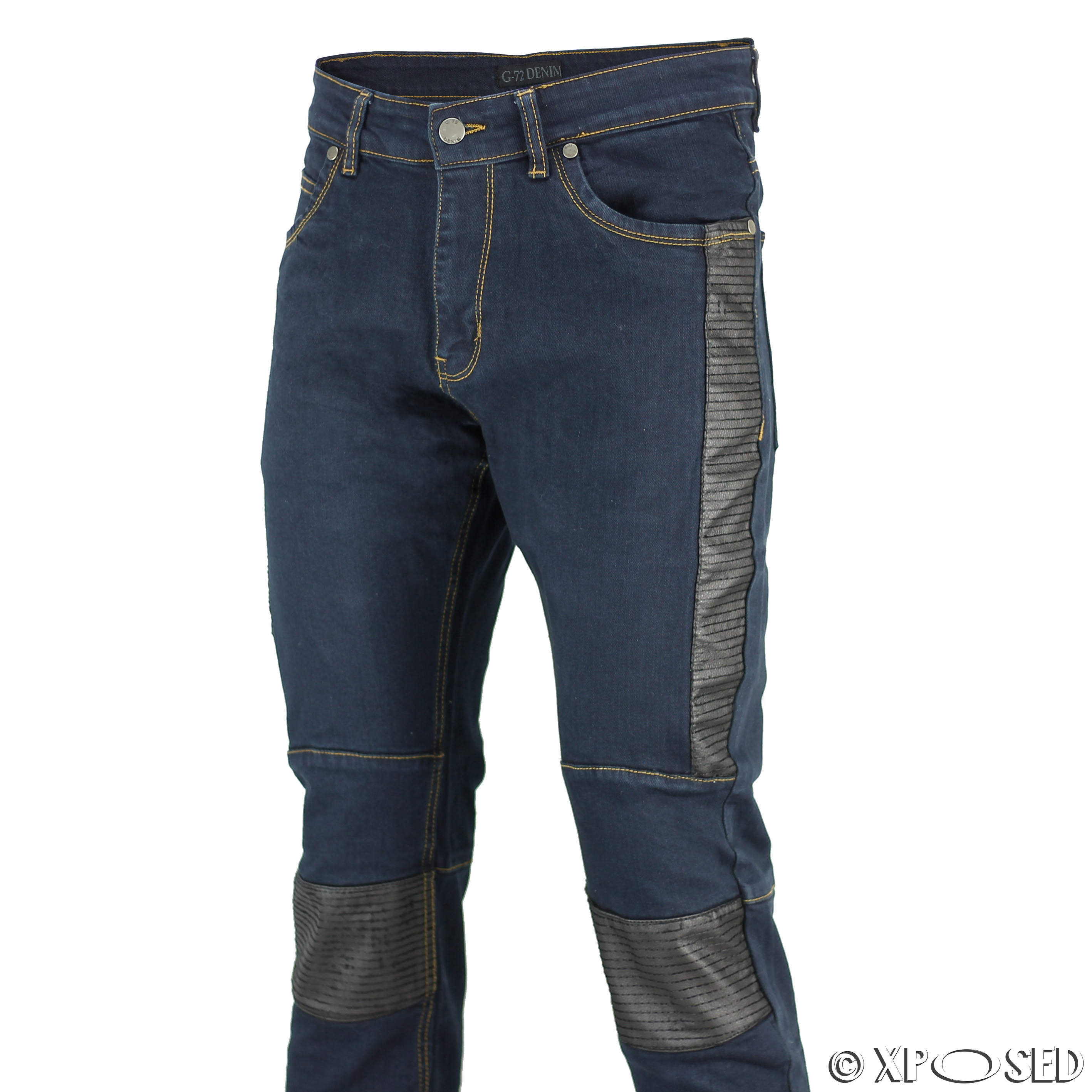 Mens Skinny Jeans Blue Black Leather Look Knee Panels Biker Super Stretch Denim Ebay 9993