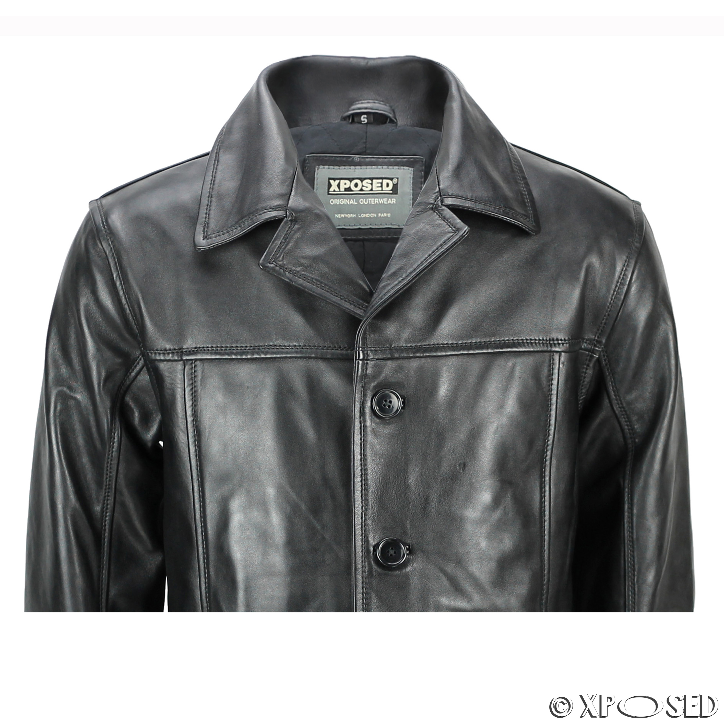 Mens Vintage Real Leather Black Tan Brown Classic Reefer Jacket Mid Length Coat Ebay 