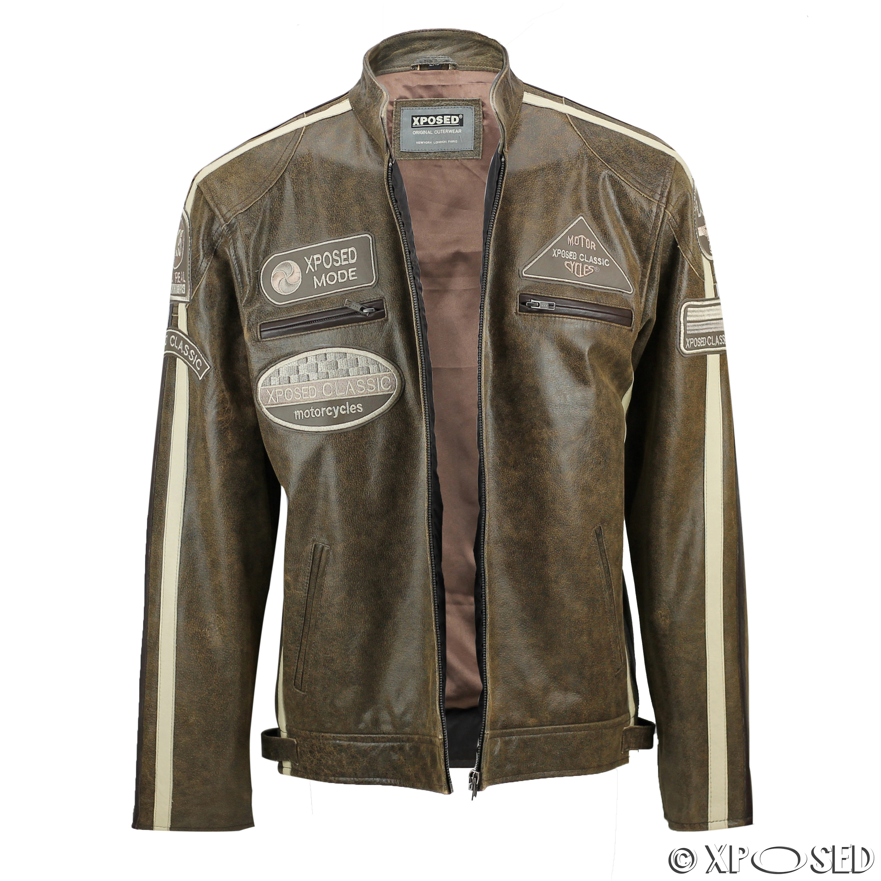 XPOSED Mens Real Leather Brown Racing Badges Biker Zip Jacket Vintage Retro Look | eBay
