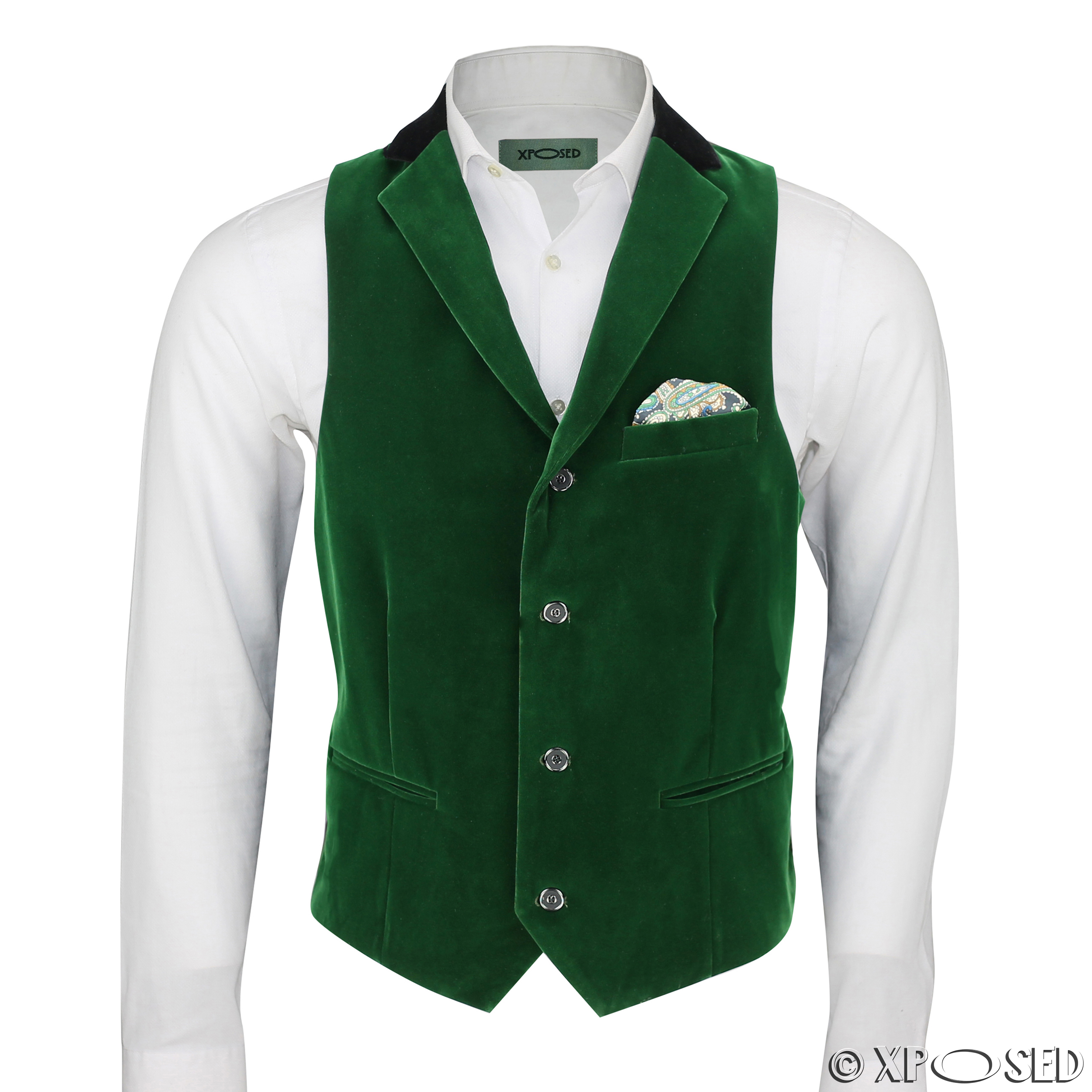 Mens Waistcoat Tweed Wool Mix Herringbone Check Velvet Collar Retro Vintage Vest 