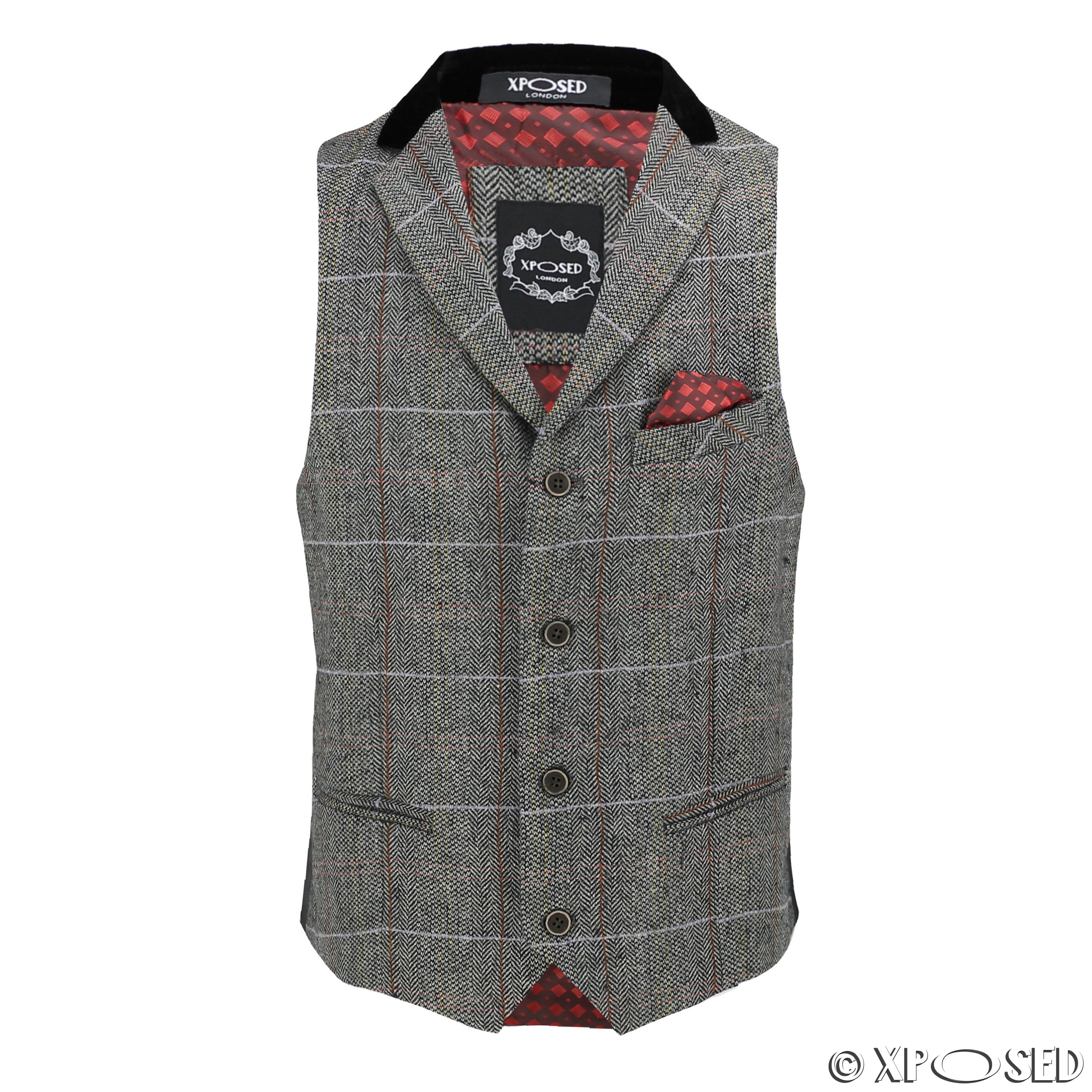 New Mens Tweed Waistcoat Herringbone Check Velvet Trim Vintage Formal Fit Vest 