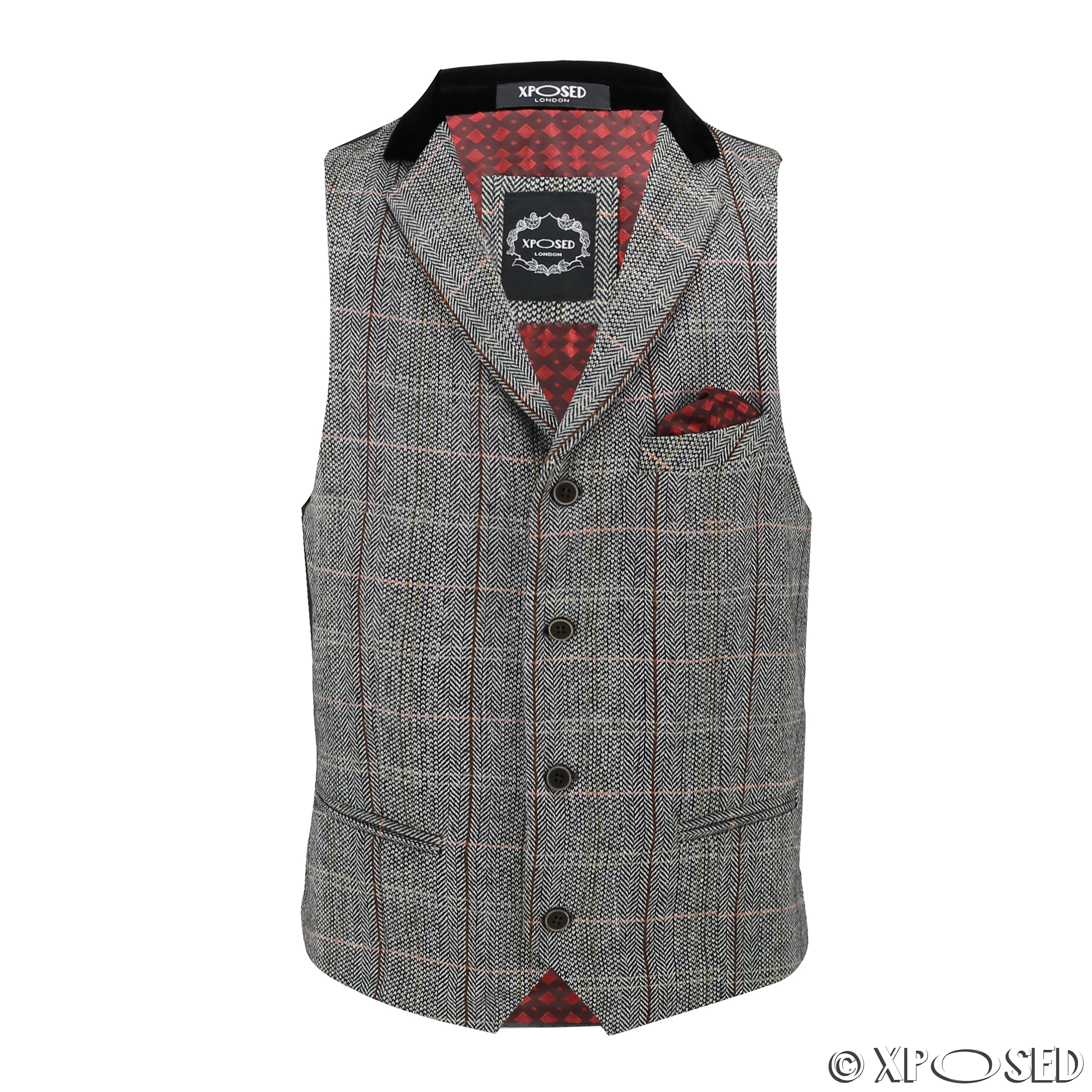 Mens Waistcoat Wool Mix Herringbone Tweed Check Velvet Collar Smart Formal Vest