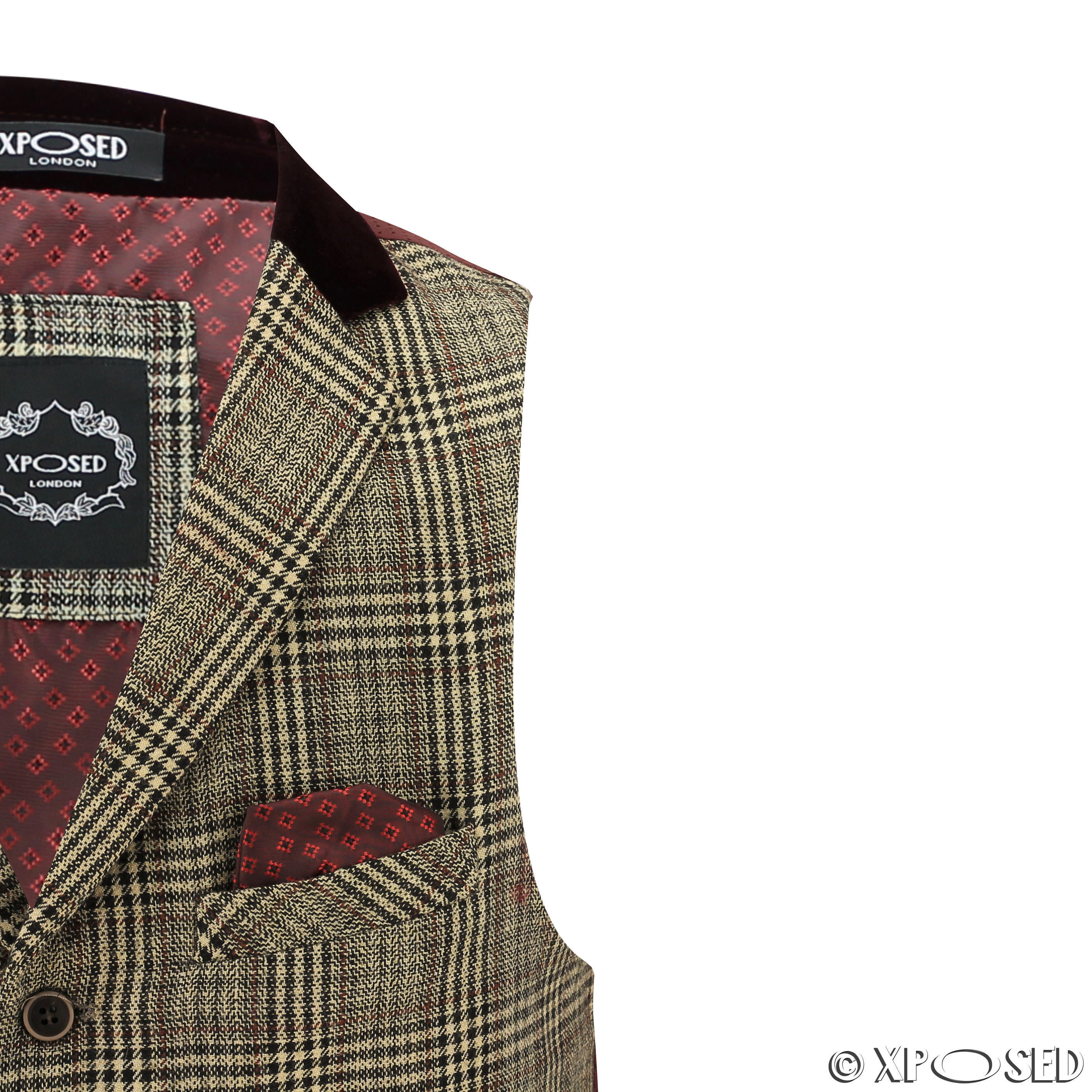 Mens Waistcoat Wool Mix Herringbone Tweed Check Velvet Collar Smart Formal Vest