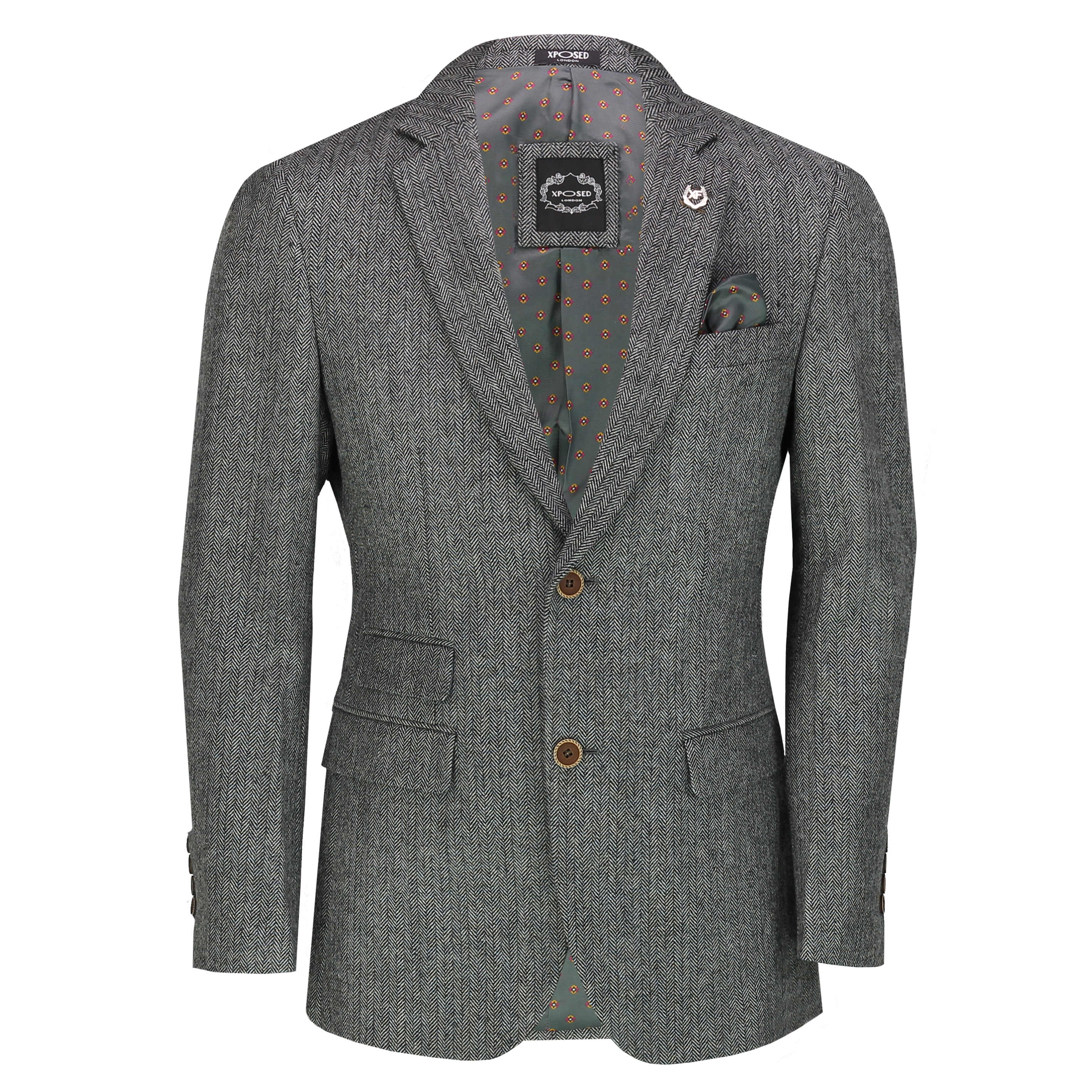 Men’s Grey Tweed Herringbone Blazer Retro Smart Casual Tailored Fit ...