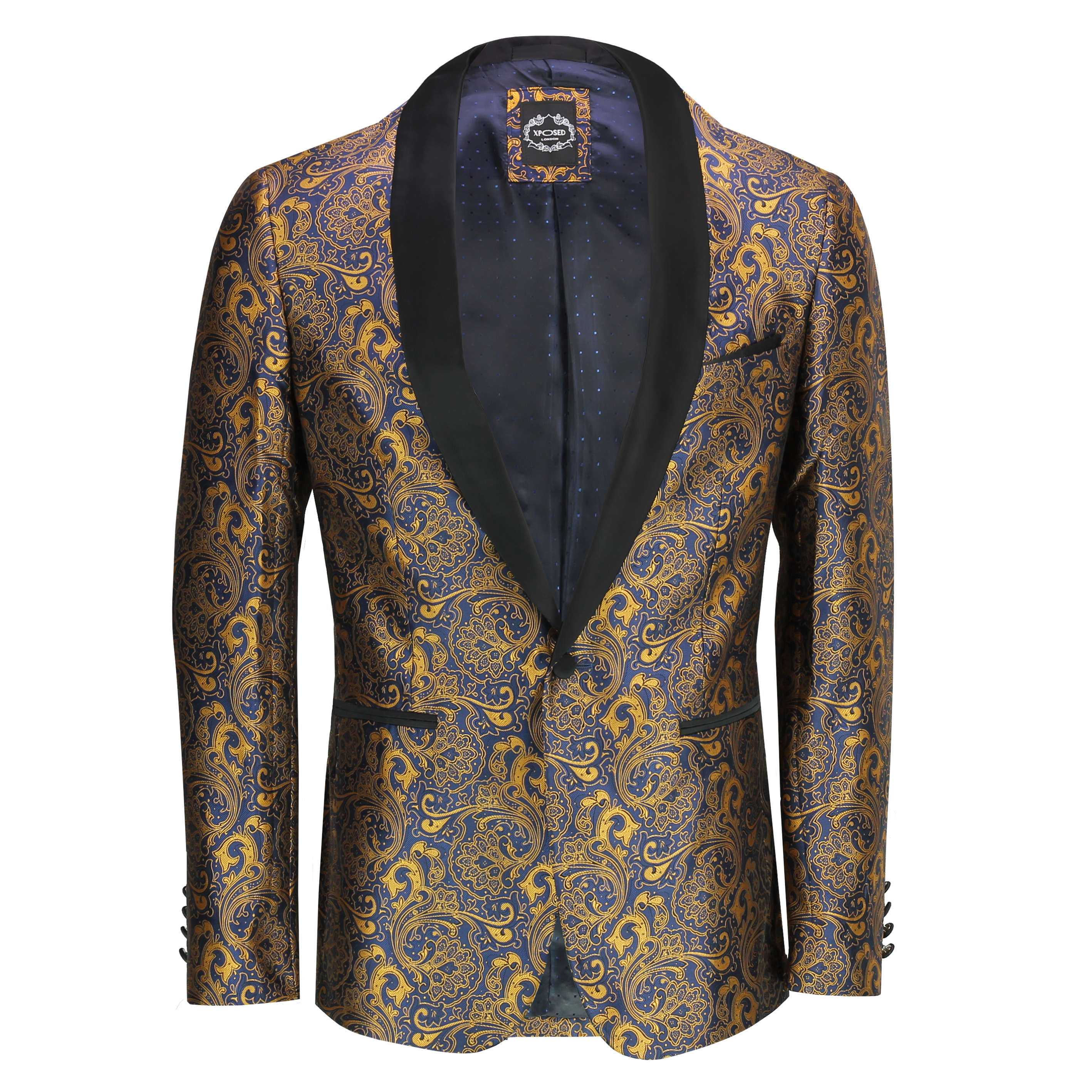 Mens Classic Gold Paisley Print on Navy Tuxedo Dinner Jacket Tailored ...