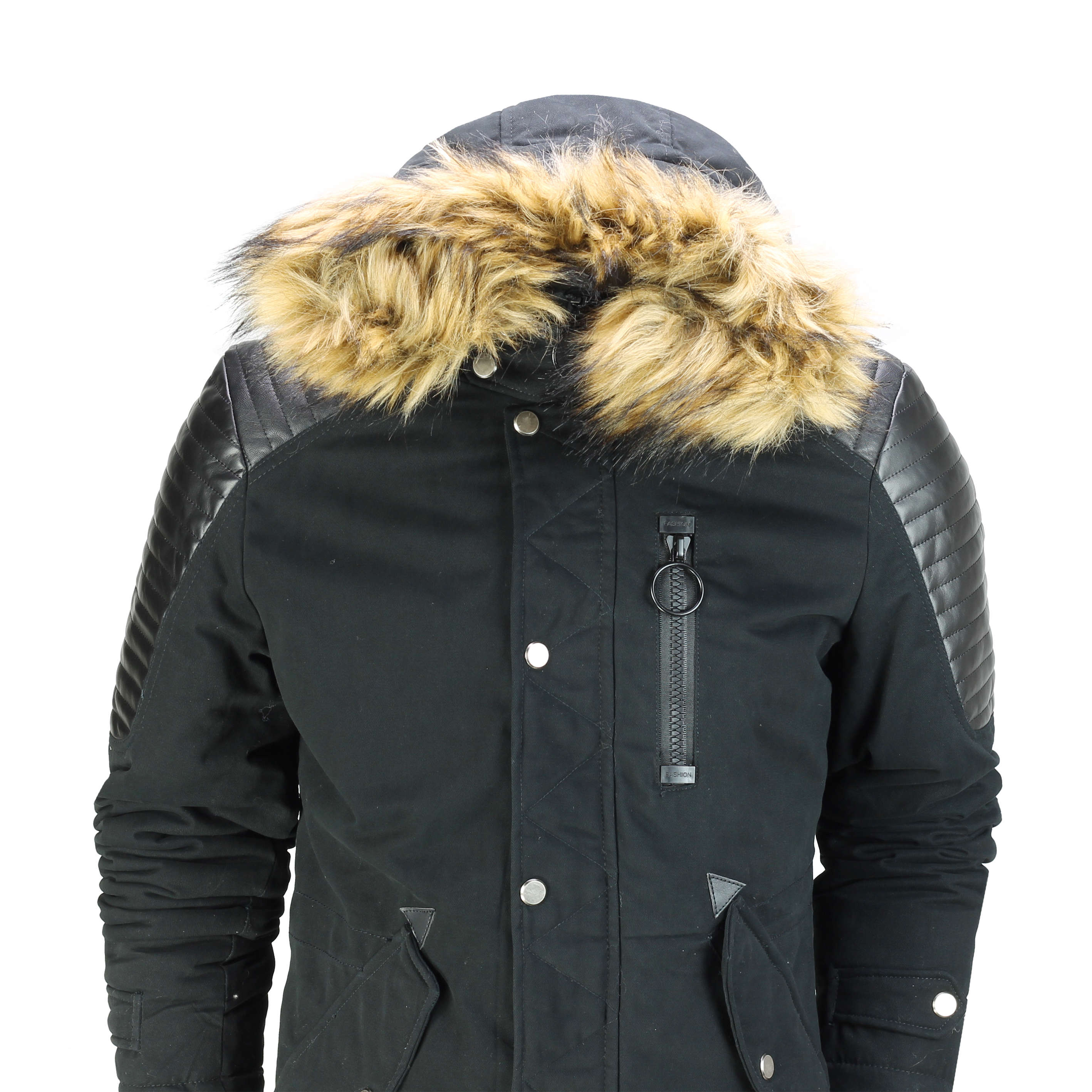 Mens Winter Jacket Warm Padded Faux Leather Retro Biker Style Fur Hood ...