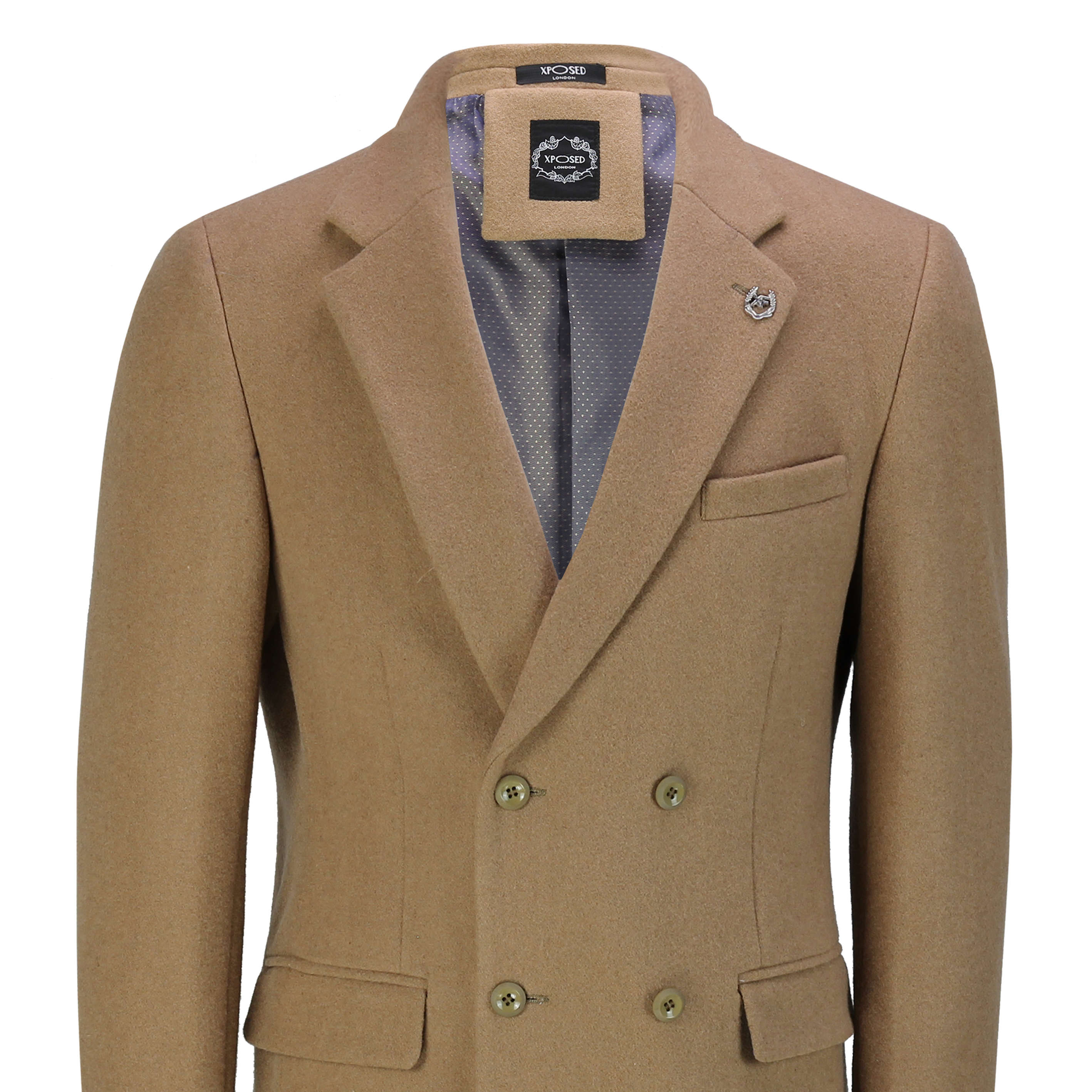 Mens Double Breasted Pea Coat Wool Blend Smart MOD Overcoat Winter Warm ...