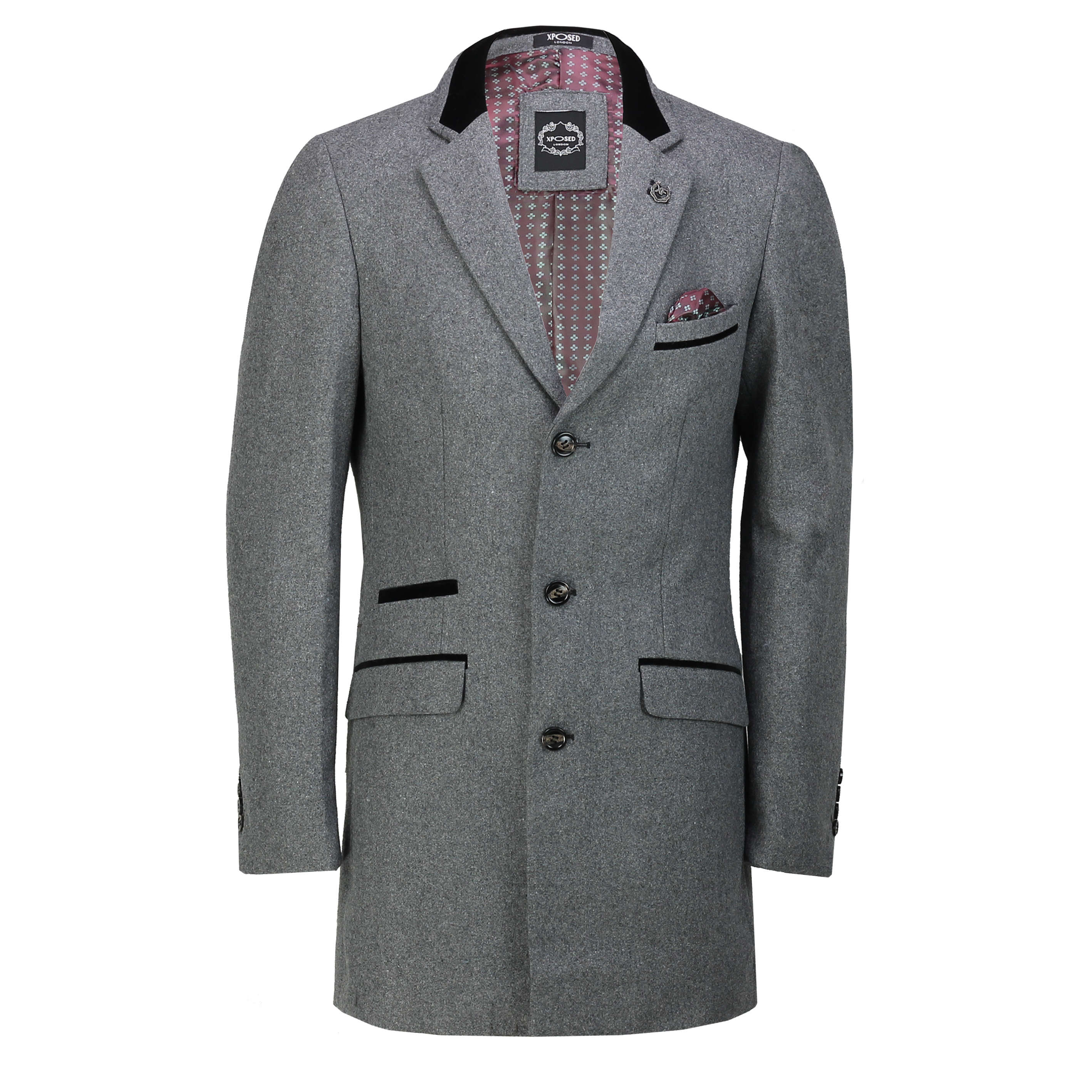 Mens Classic Grey 3/4 Long Over coat Wool Mix Herringbone Stripe Tailored Jacket