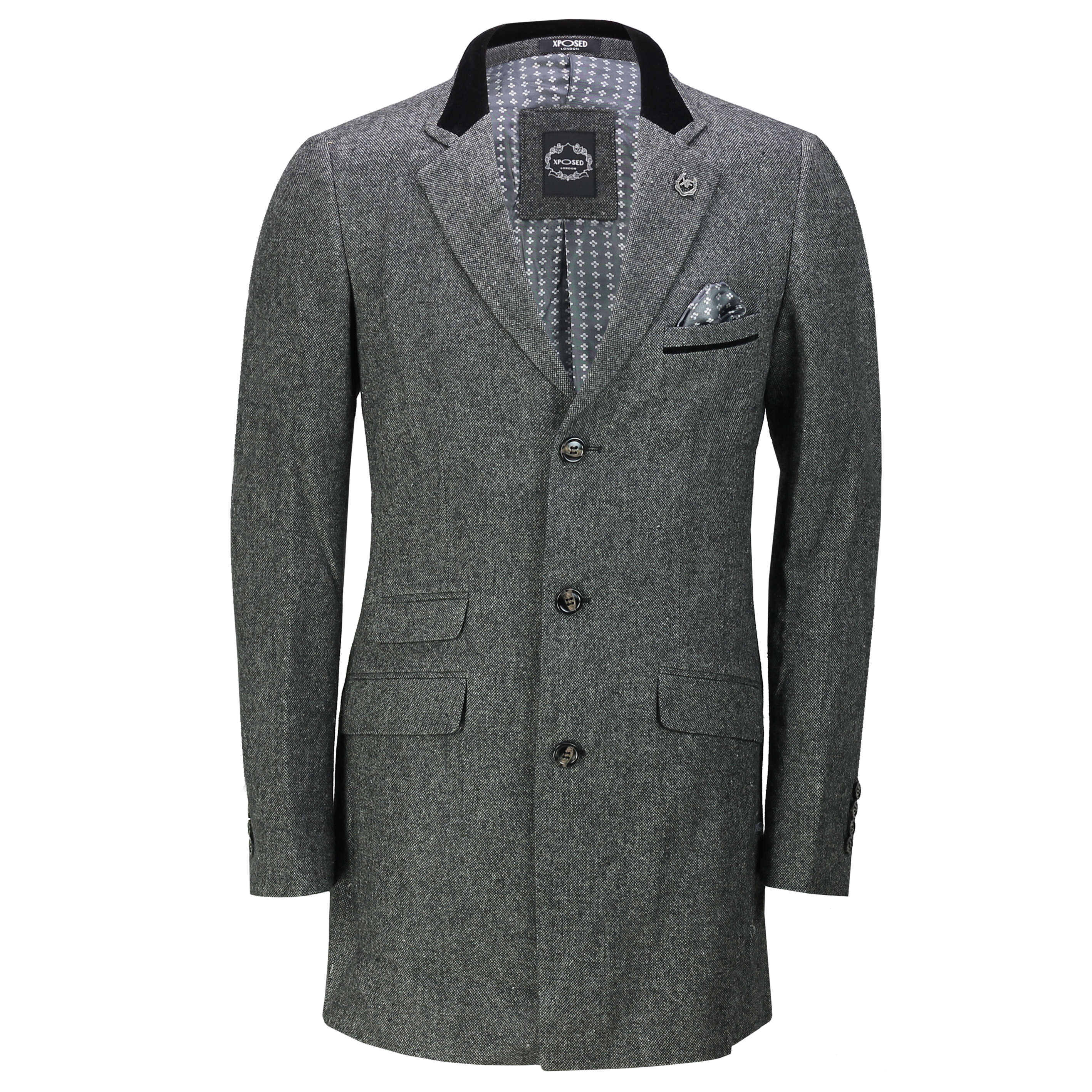 Mens 3/4 Long Wool Blue Peaky Blinders Overcoat Jacket Herringbone Tweed Vintage 