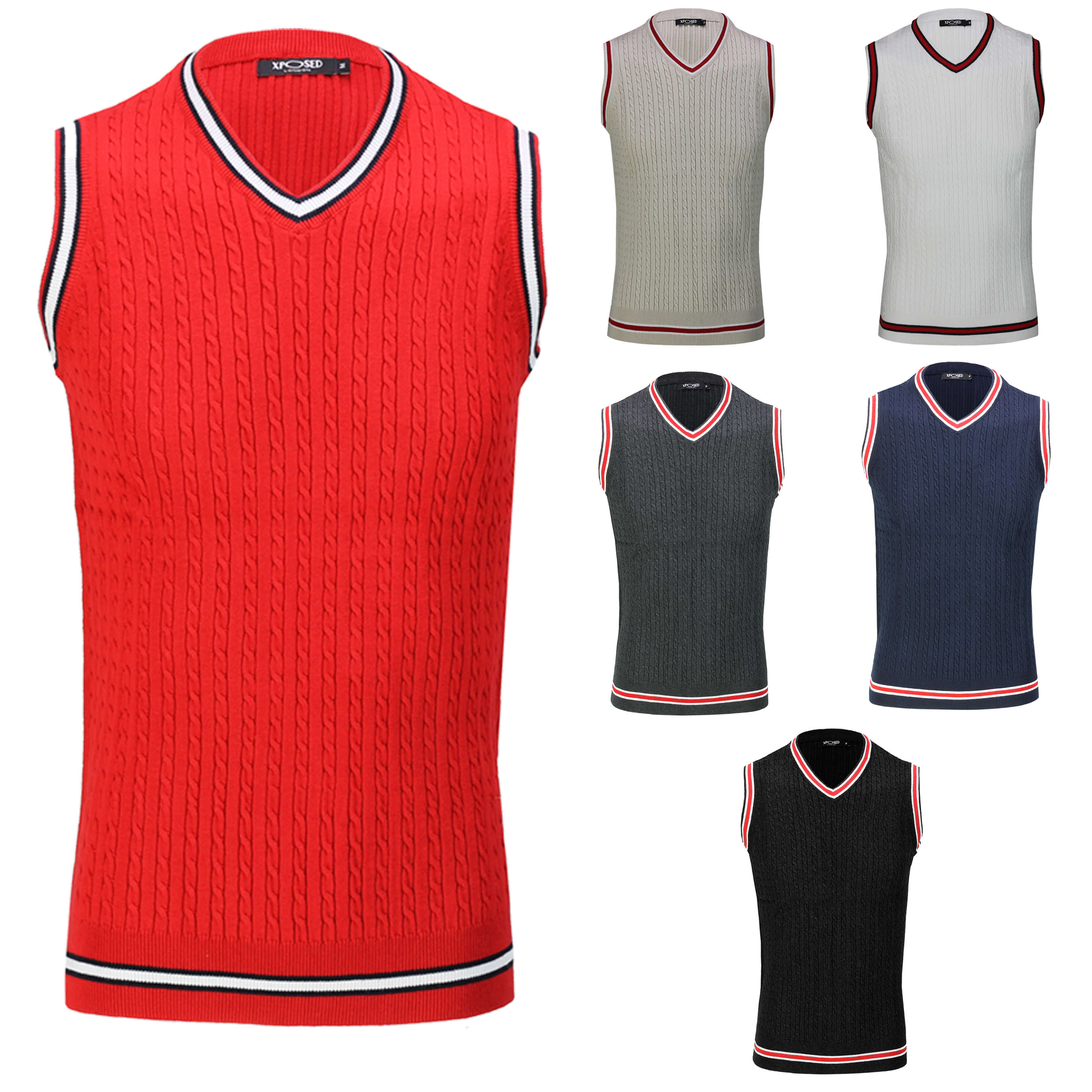 Mens Sleeveless V Neck Jumper Cable Knitted Cricket Golf Sweater Jersey ...