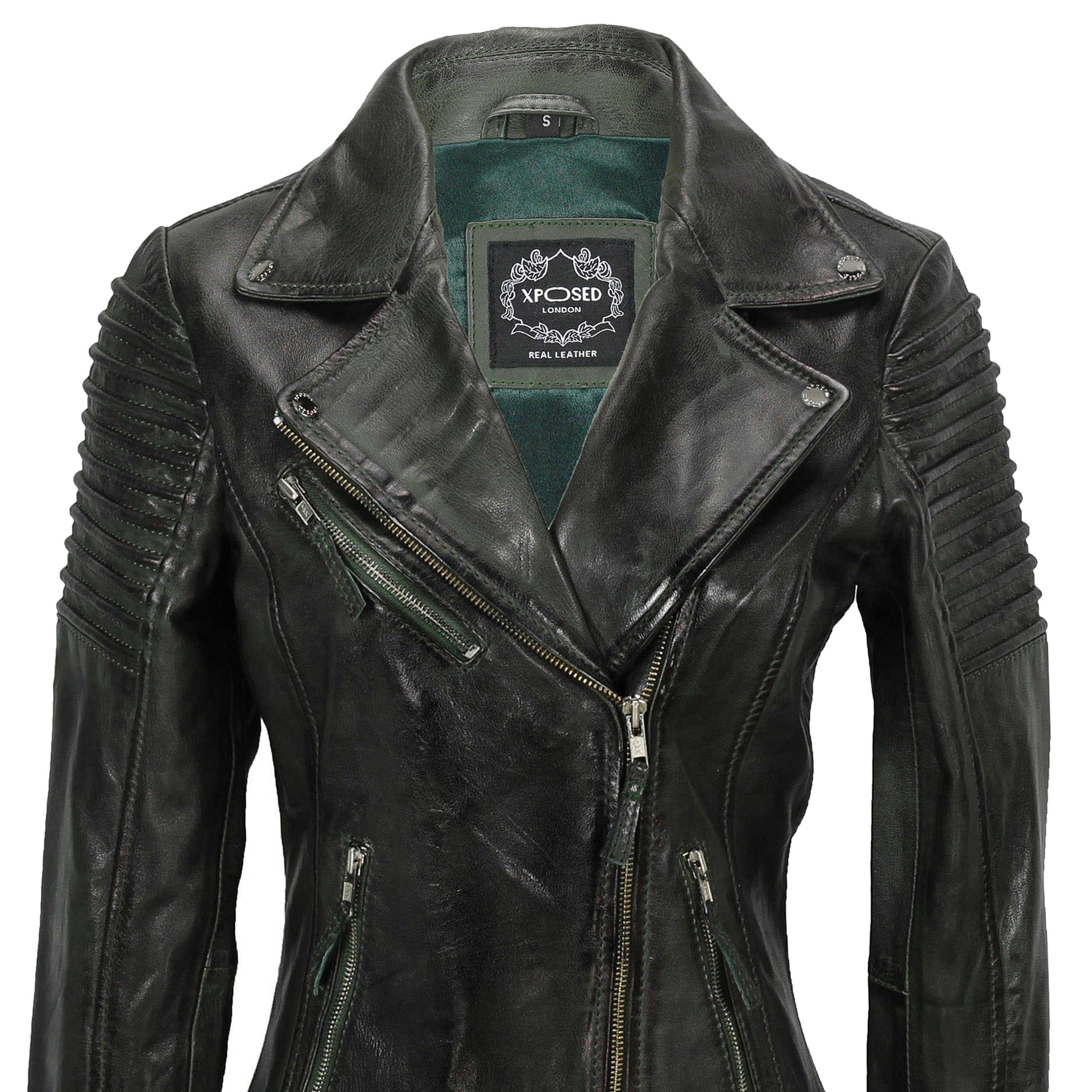 Vintage Womens Slim Biker Motorcycle Real Leather Zipper Jacket W162