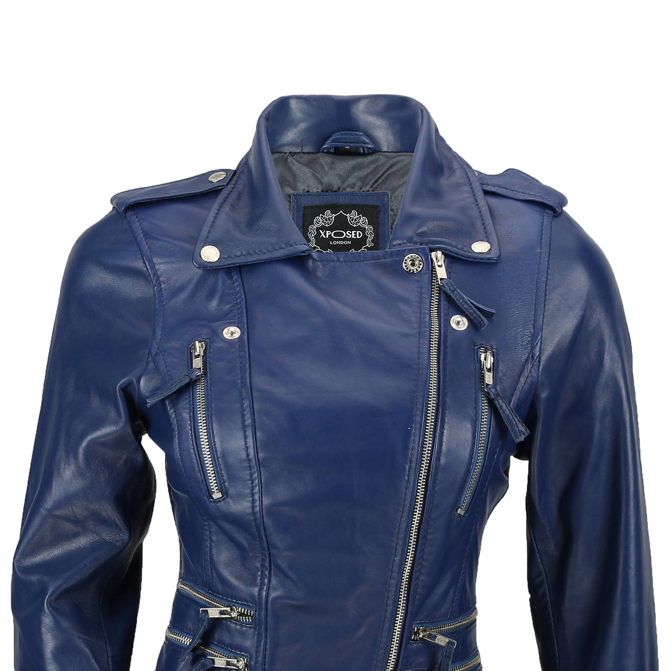 Ladies Womens Tan Blue Real Leather Fitted Vintage Biker ...