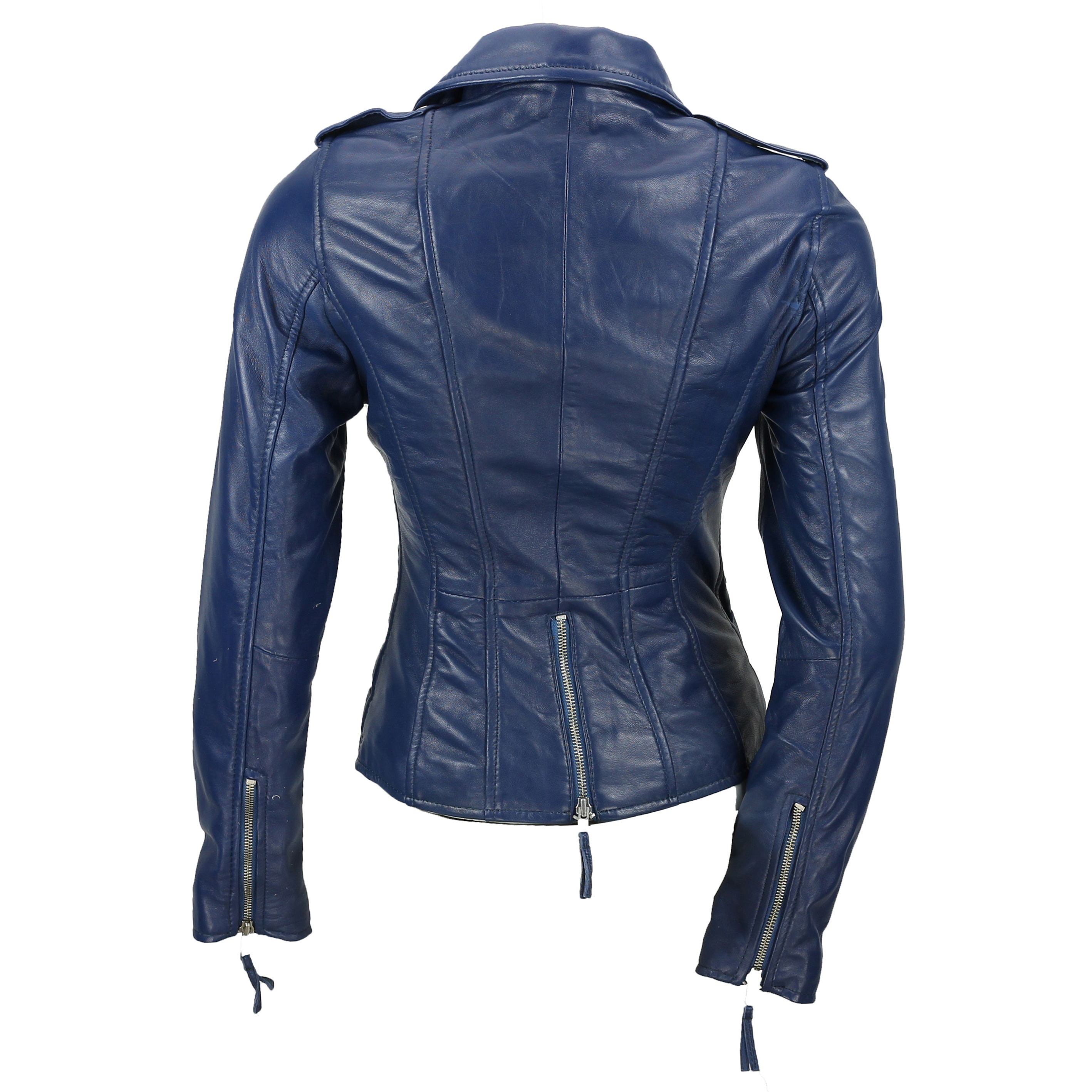 Ladies Womens Tan Blue Real Leather Fitted Vintage Biker Style Zip ...