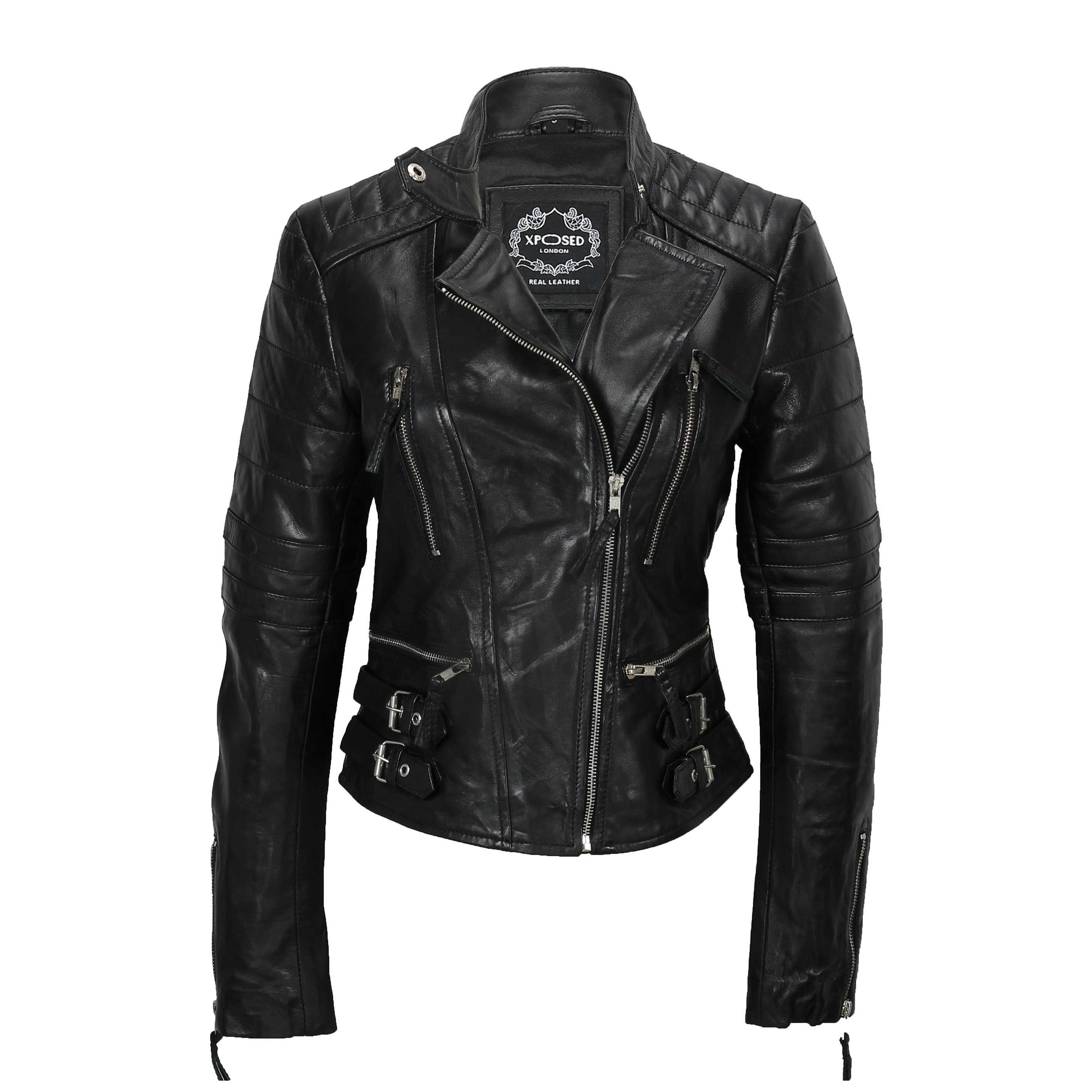 Ladies Women Black Red Soft Real Leather Biker Jacket Slim Fit Size UK 8 to 24 