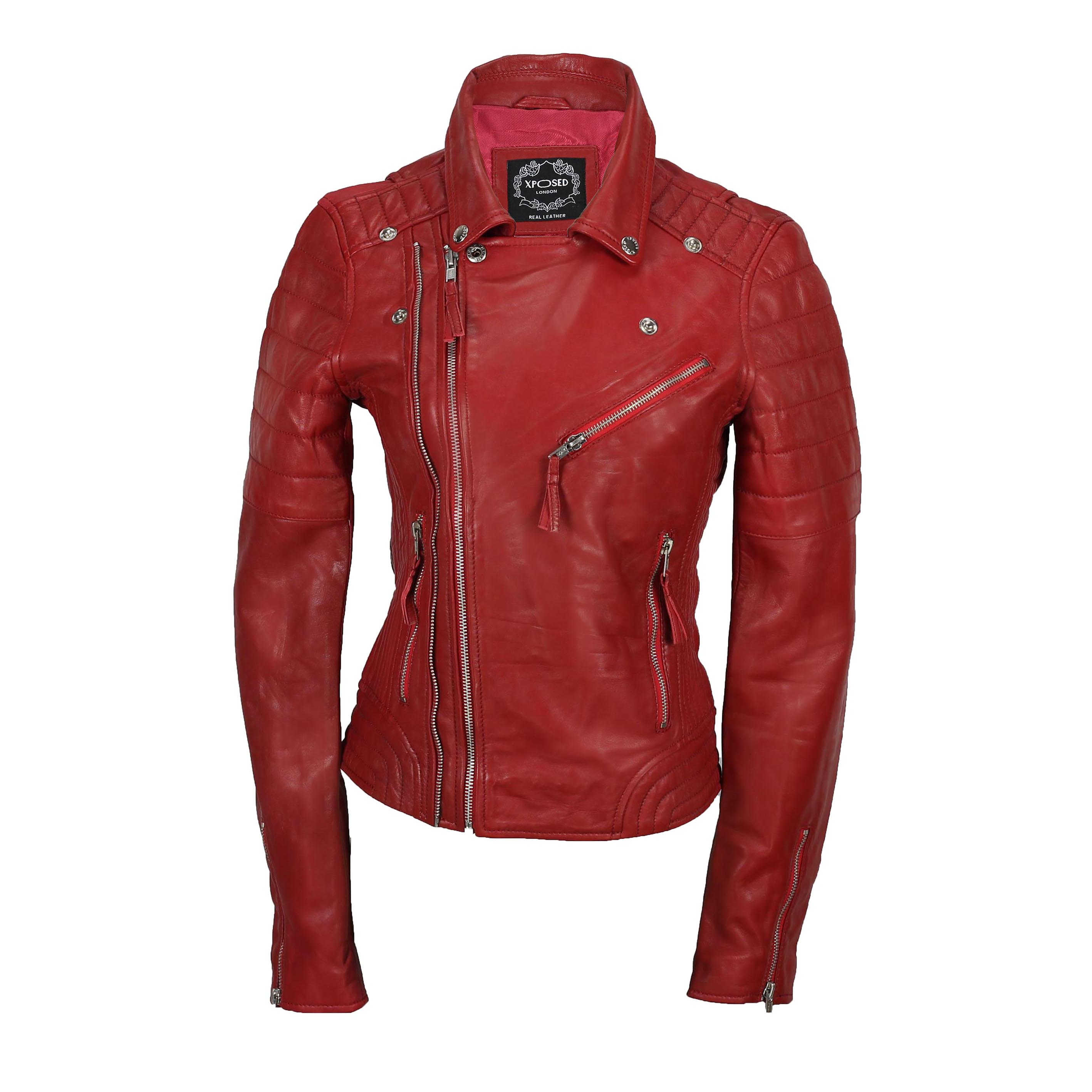 Ladies Women Black Red Soft Real Leather Biker Jacket Slim Fit Size UK ...