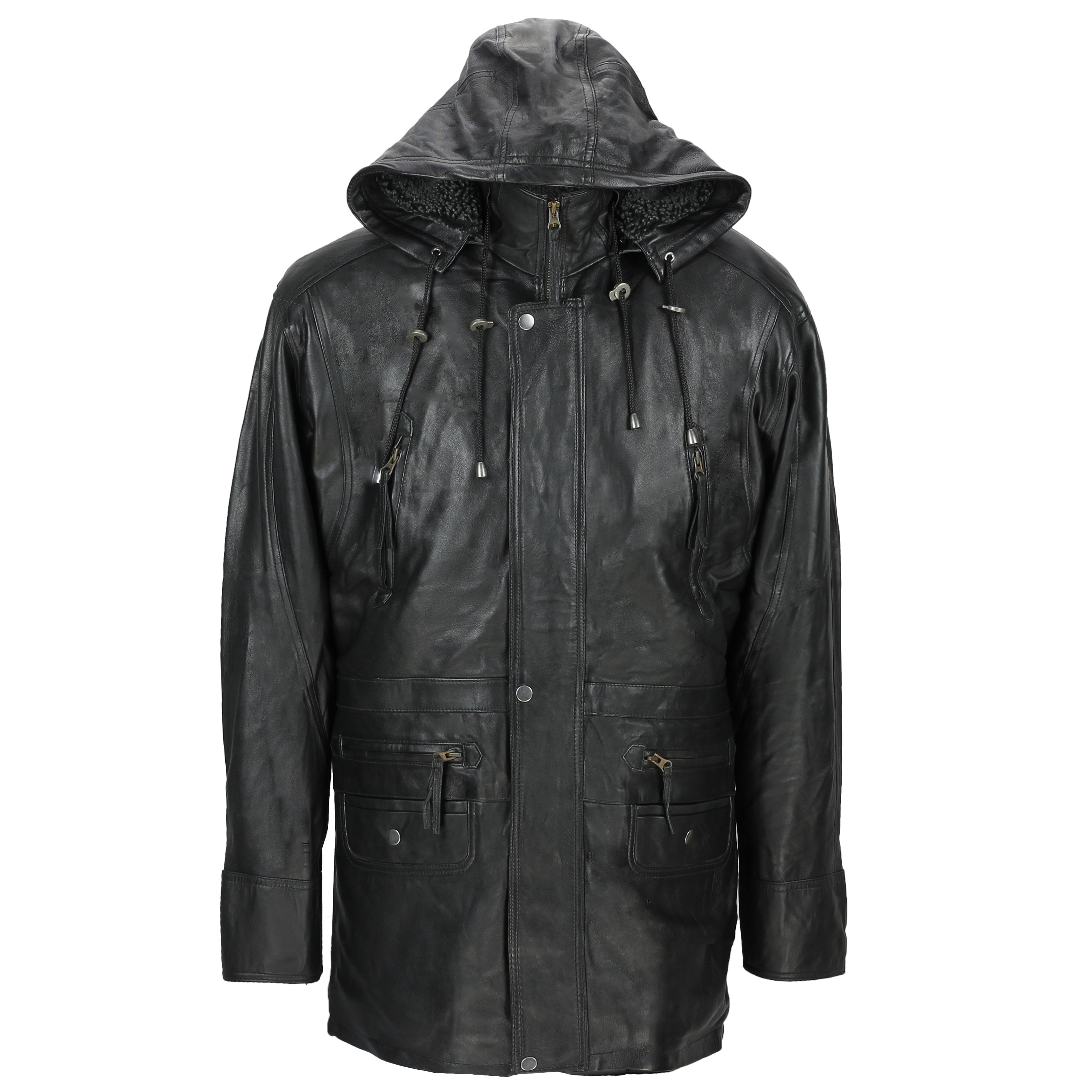 Mens Black Real Leather 3/4 Long Duffle Jacket Detachable Hood & Fur ...