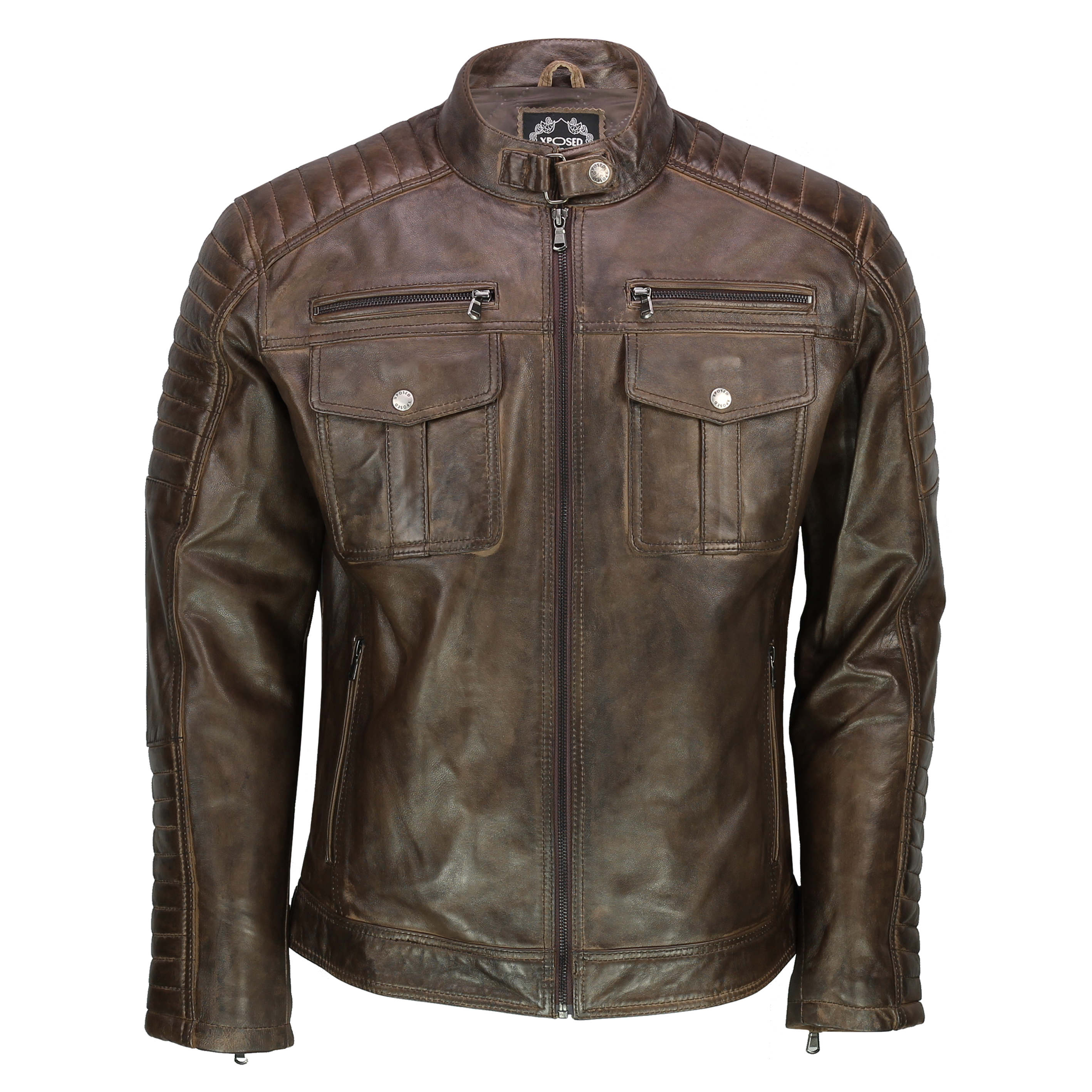 Pre-owned Xposed Herren Echtleder Biker Jacket Vintage Antik Gewaschen Gewachste Enganliegend