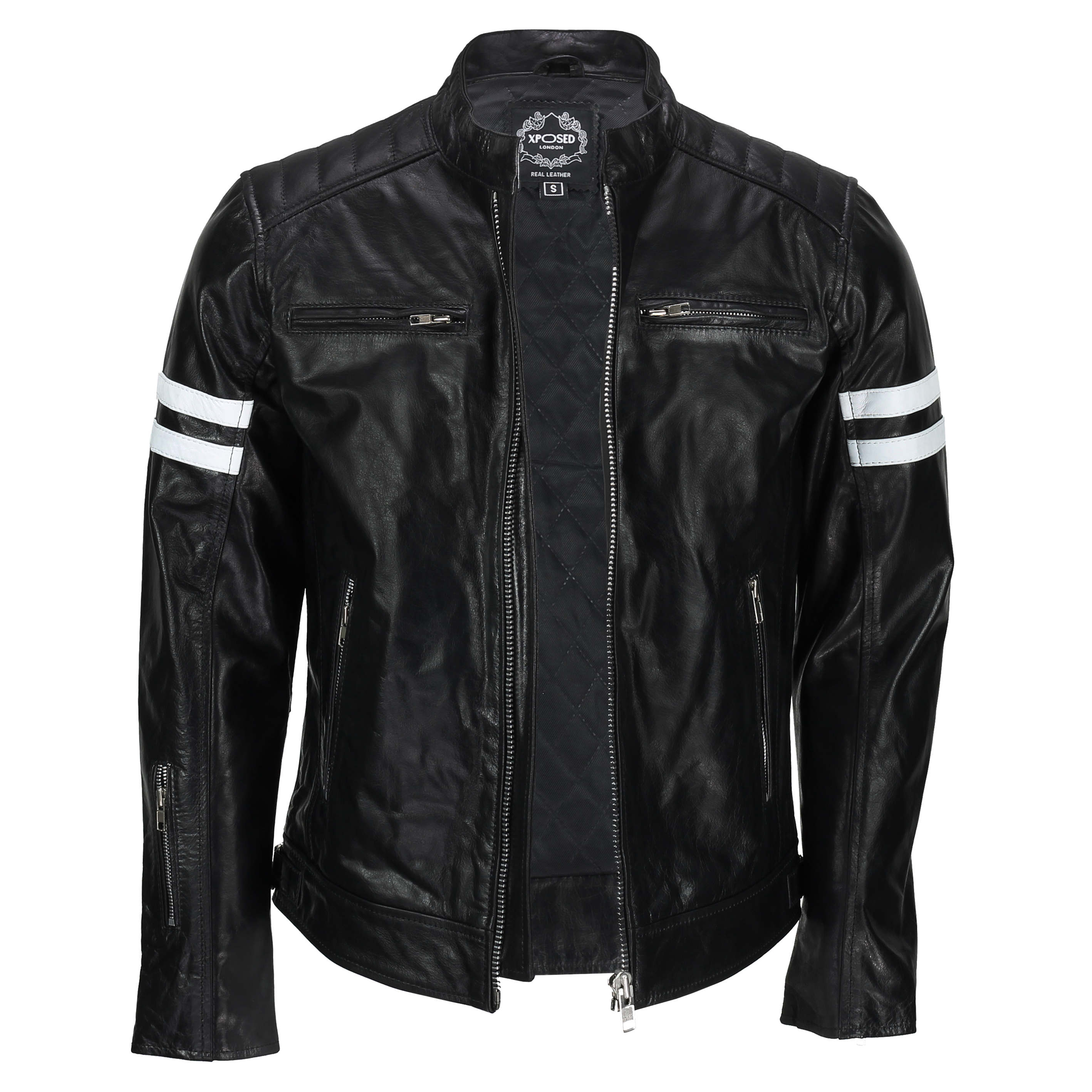 Download Mens Real Leather Black White Stripes Racing Biker Jacket ...