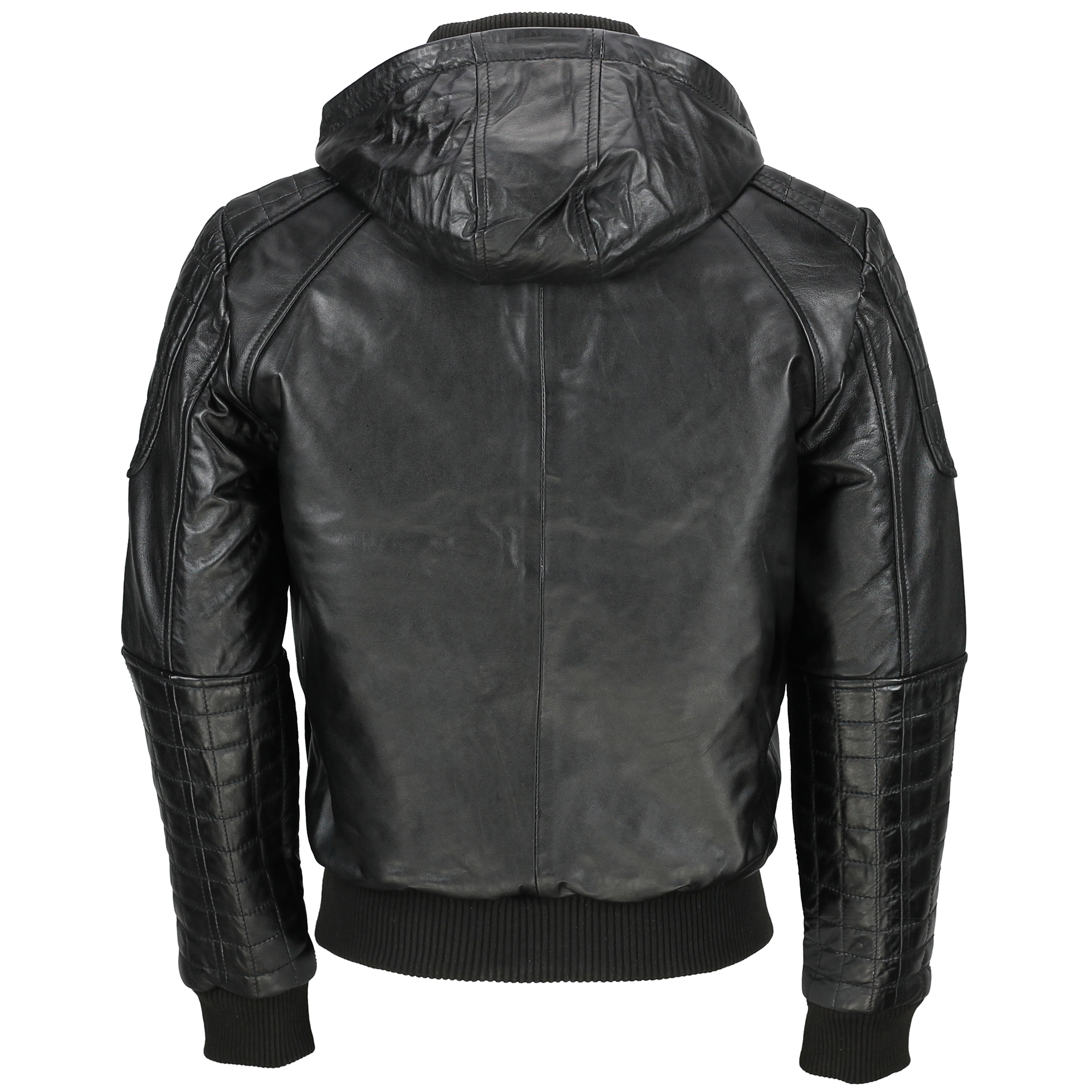 Mens Back Real Leather Bomber Jacket with a Detachable Elasticated Collar 