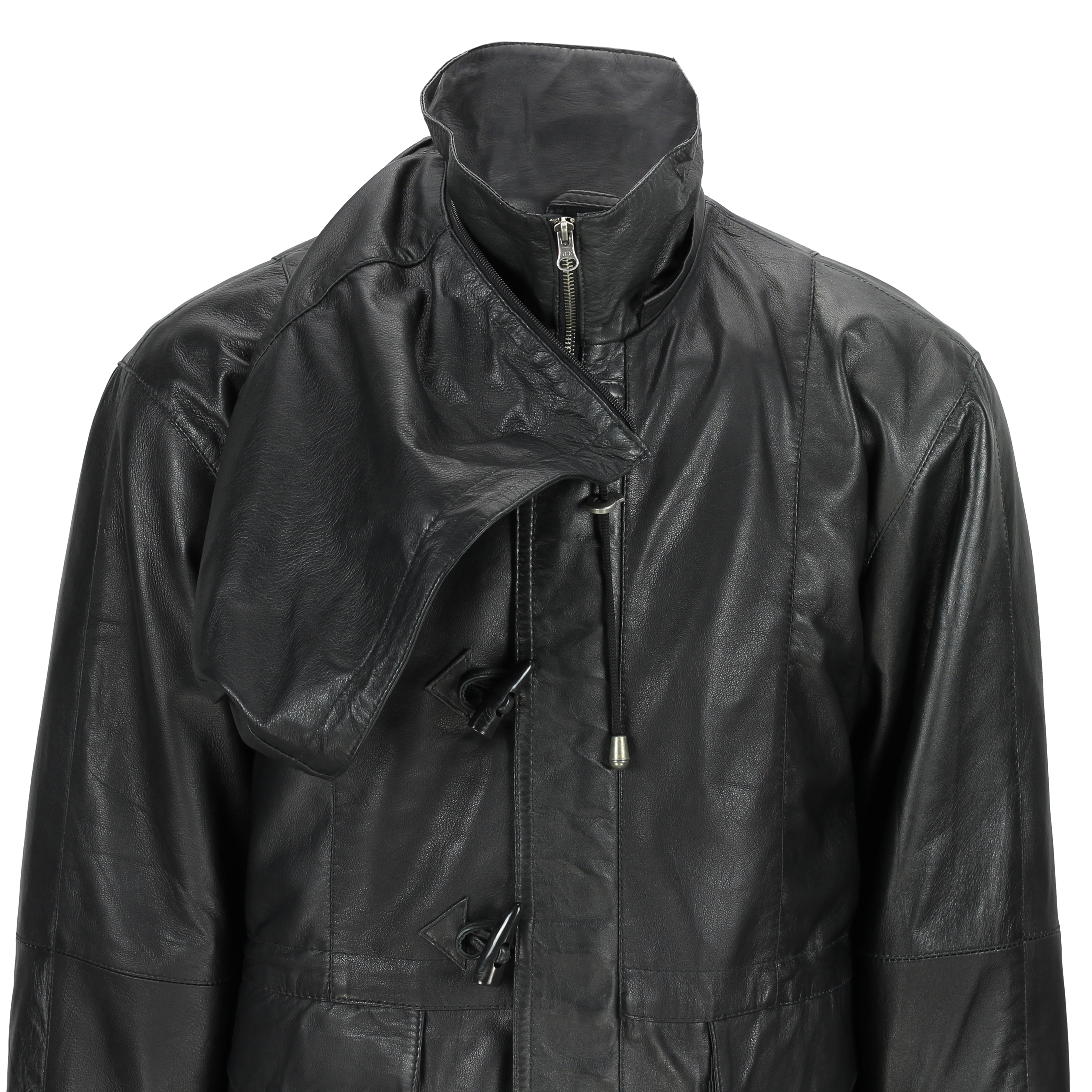 Mens Black Real Leather Duffle 3/4 Long Toggle Jacket Detachable Hood Retro Coat