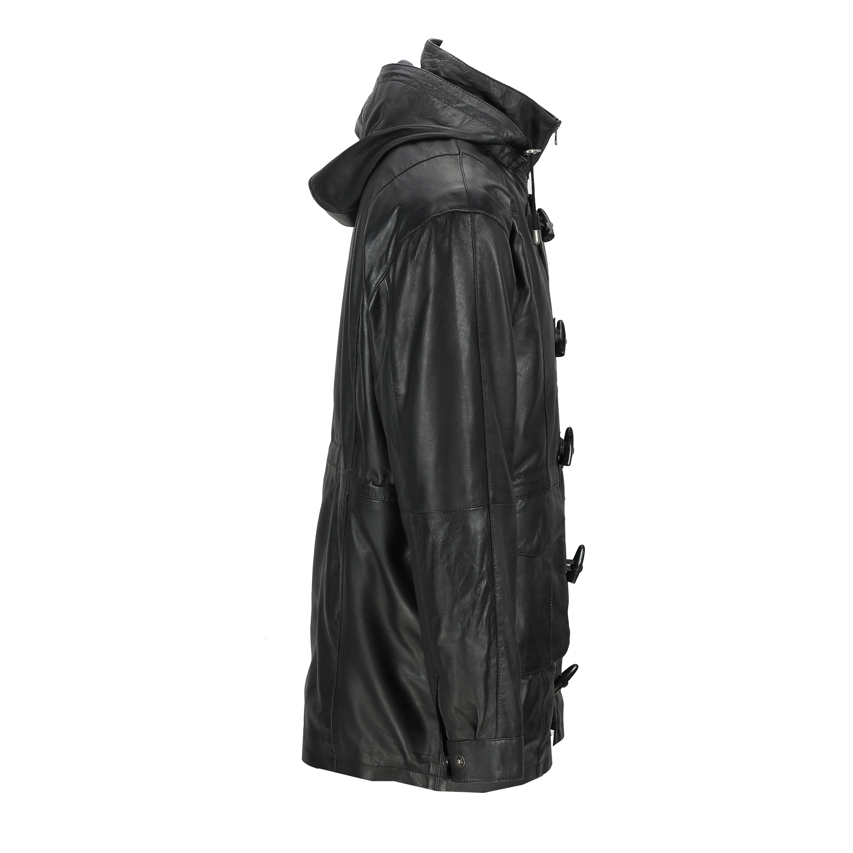 Mens Black Real Leather Duffle 3/4 Long Toggle Jacket Detachable Hood Retro Coat