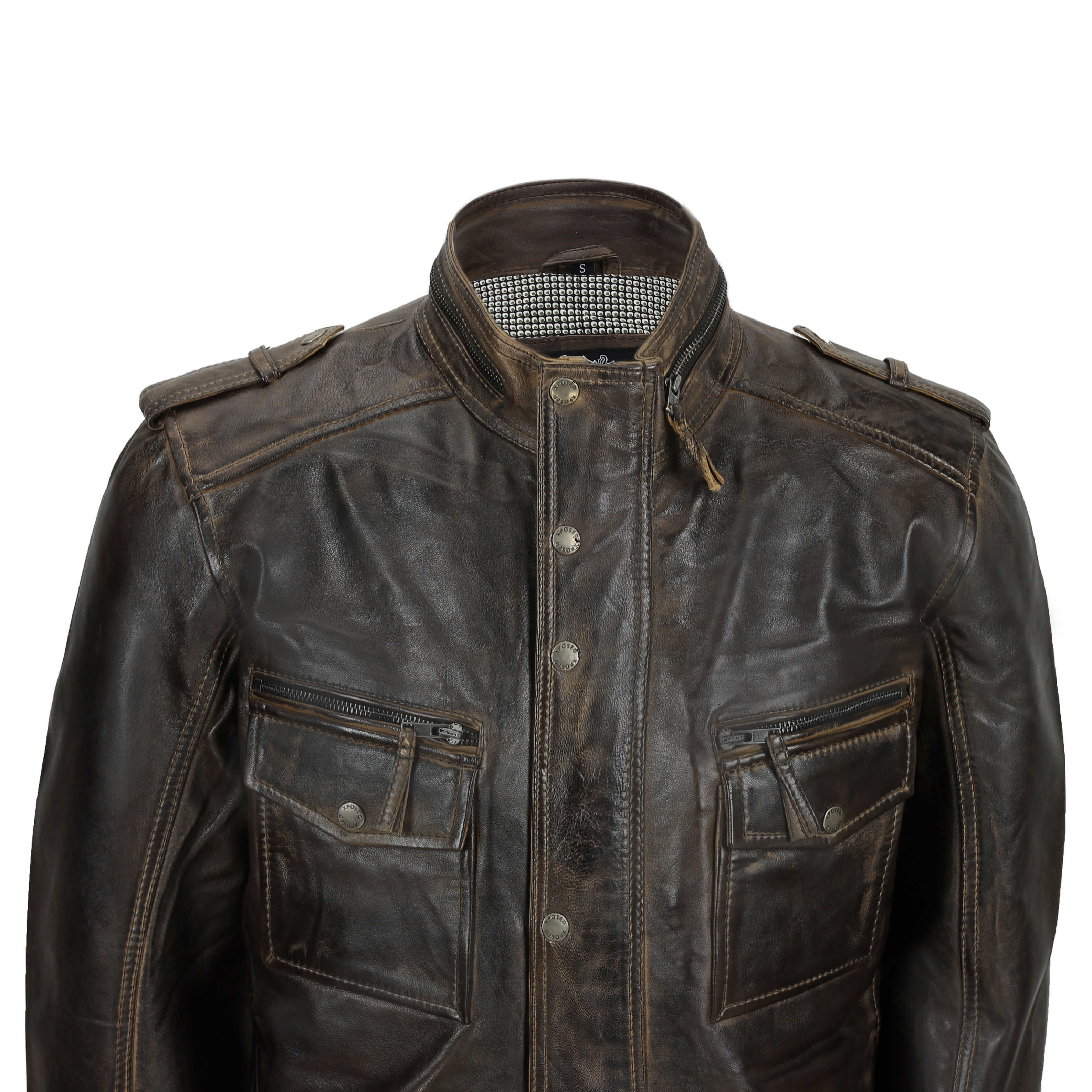 XPOSED Mens Real Leather Vintage Smart Casual Brown Military Style Field Jacket 