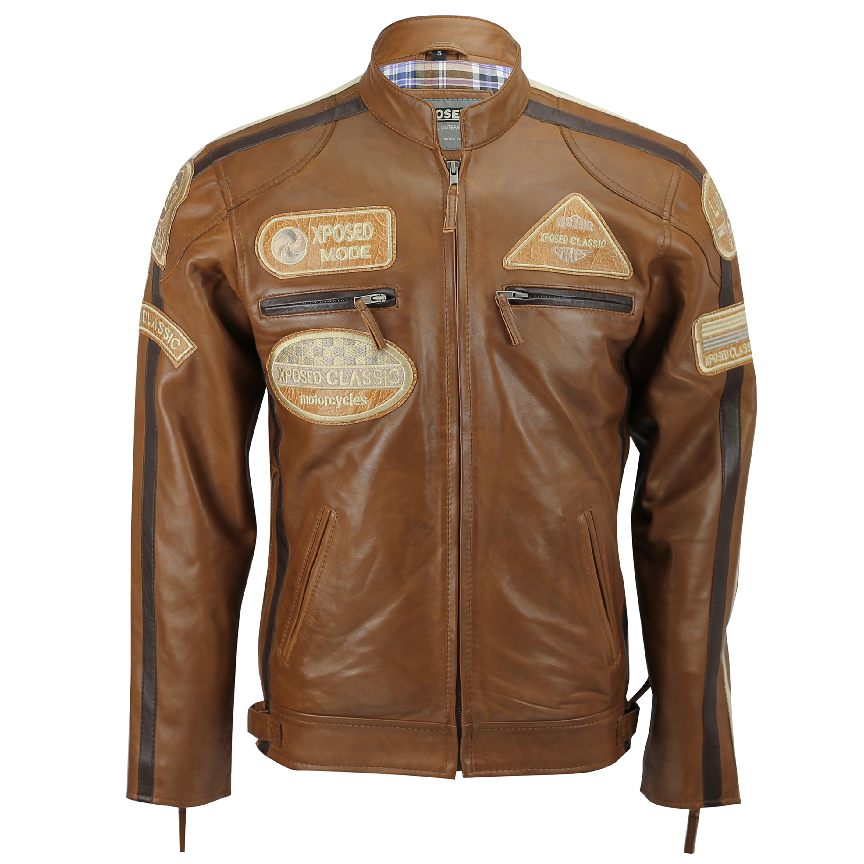New Mens Real Leather Jacket Cognac Brown Racing Badges Zip Jacket Vintage Retro | eBay