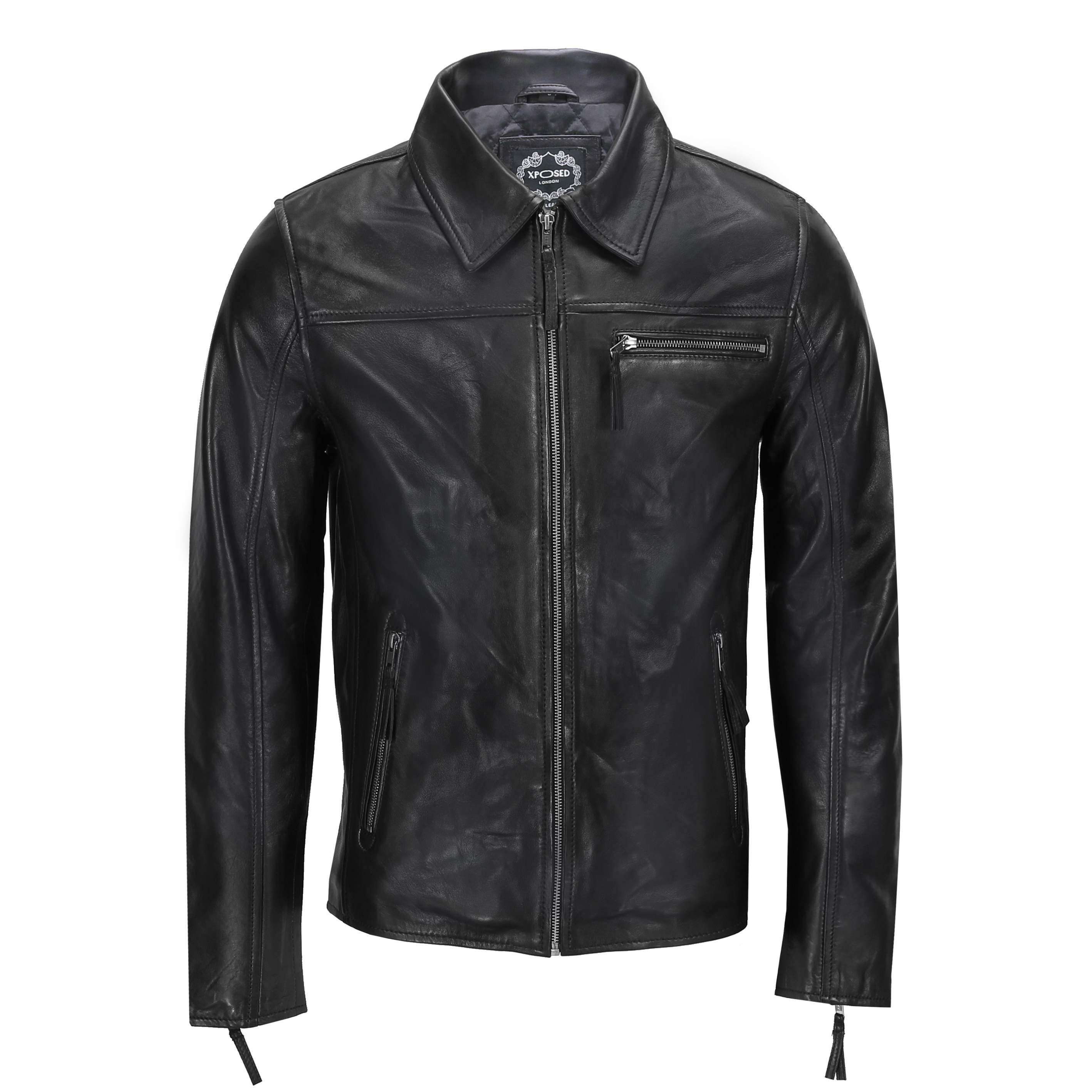 NEW Mens Real Leather Black Biker Jacket Slim Fit Vintage Zip Retro Bomber Style 