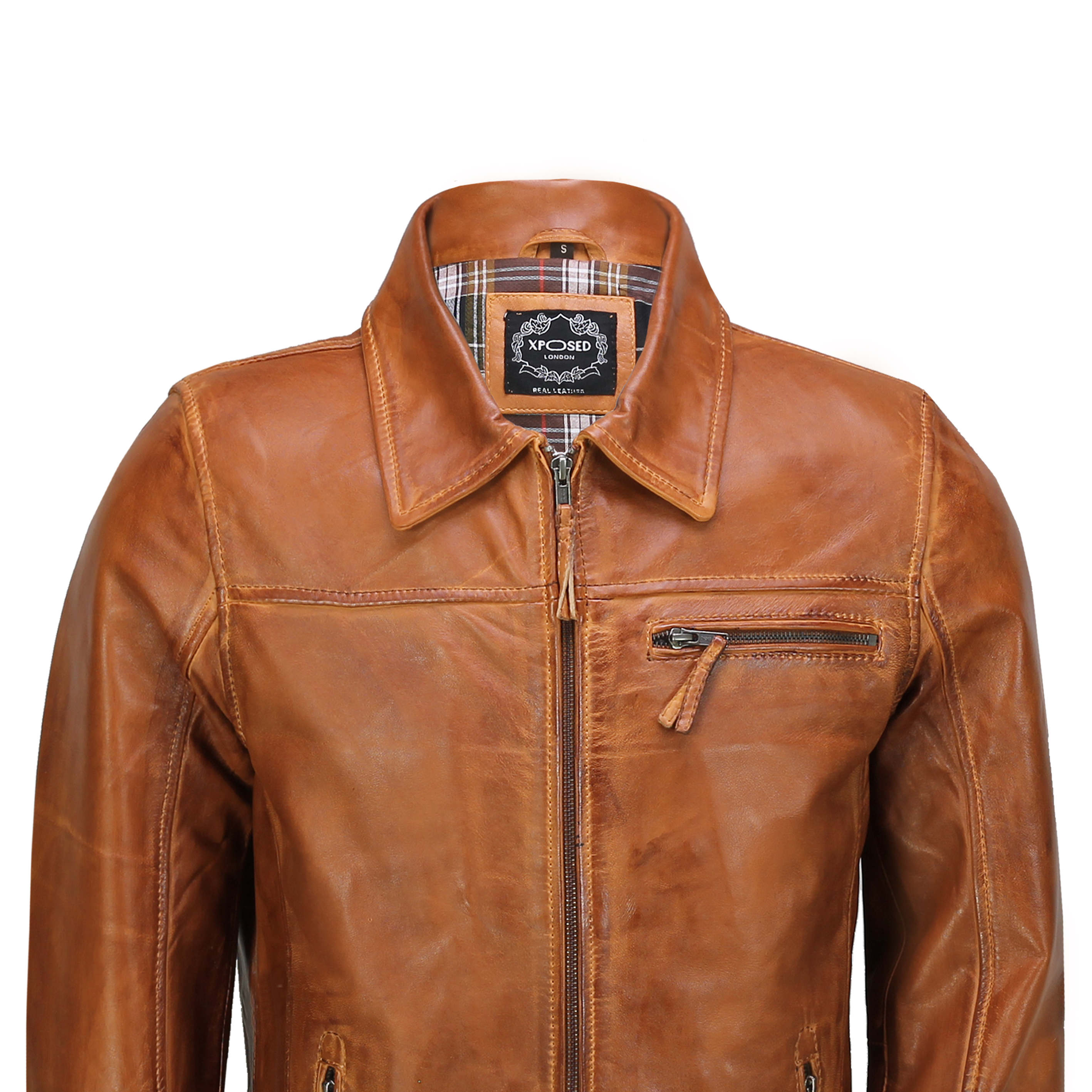 Mens Real Leather Jacket Classic Collar Retro Zip Up Biker Style Smart ...