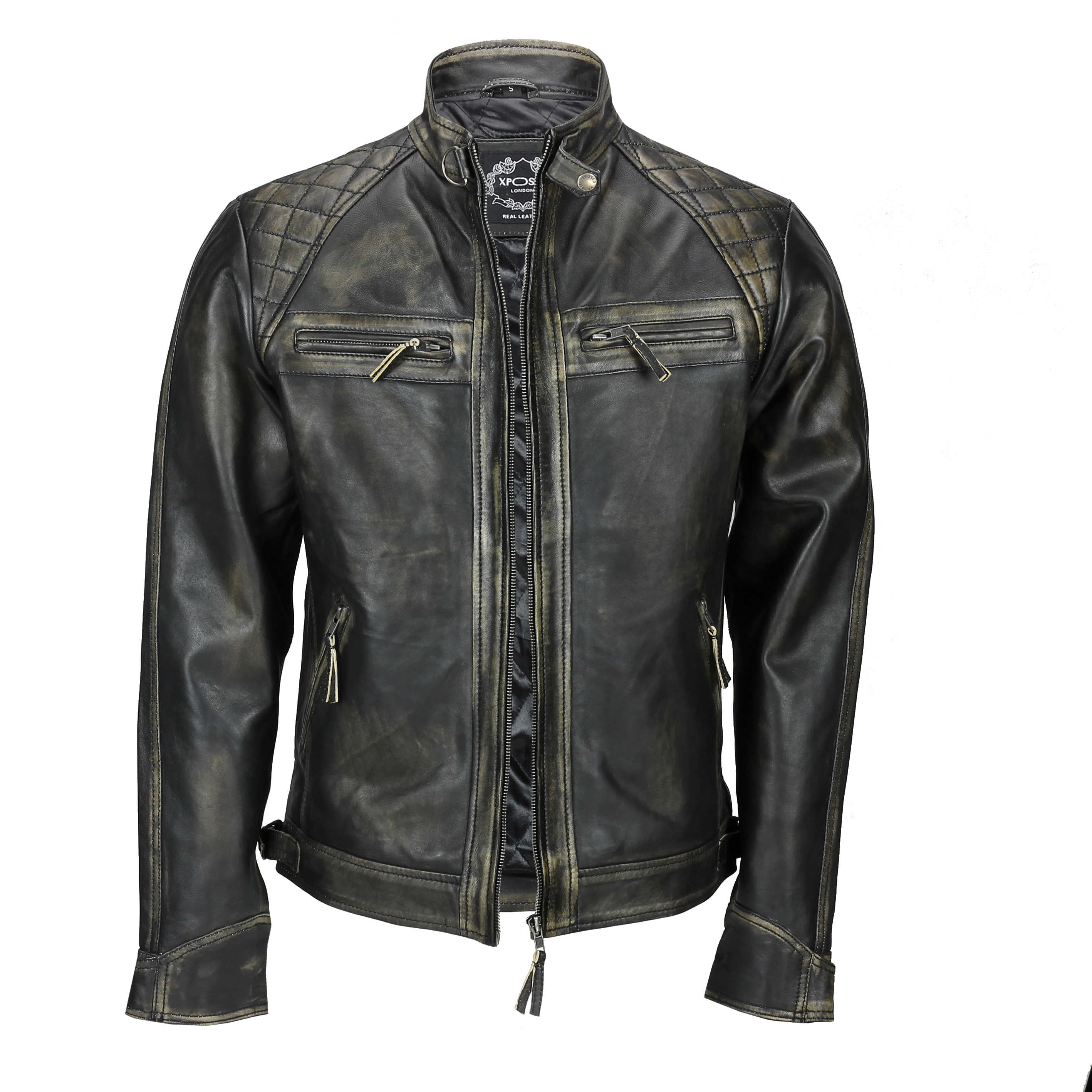 Mens Real Leather Washed Brown Black Vintage Zipped Smart Casual Biker ...