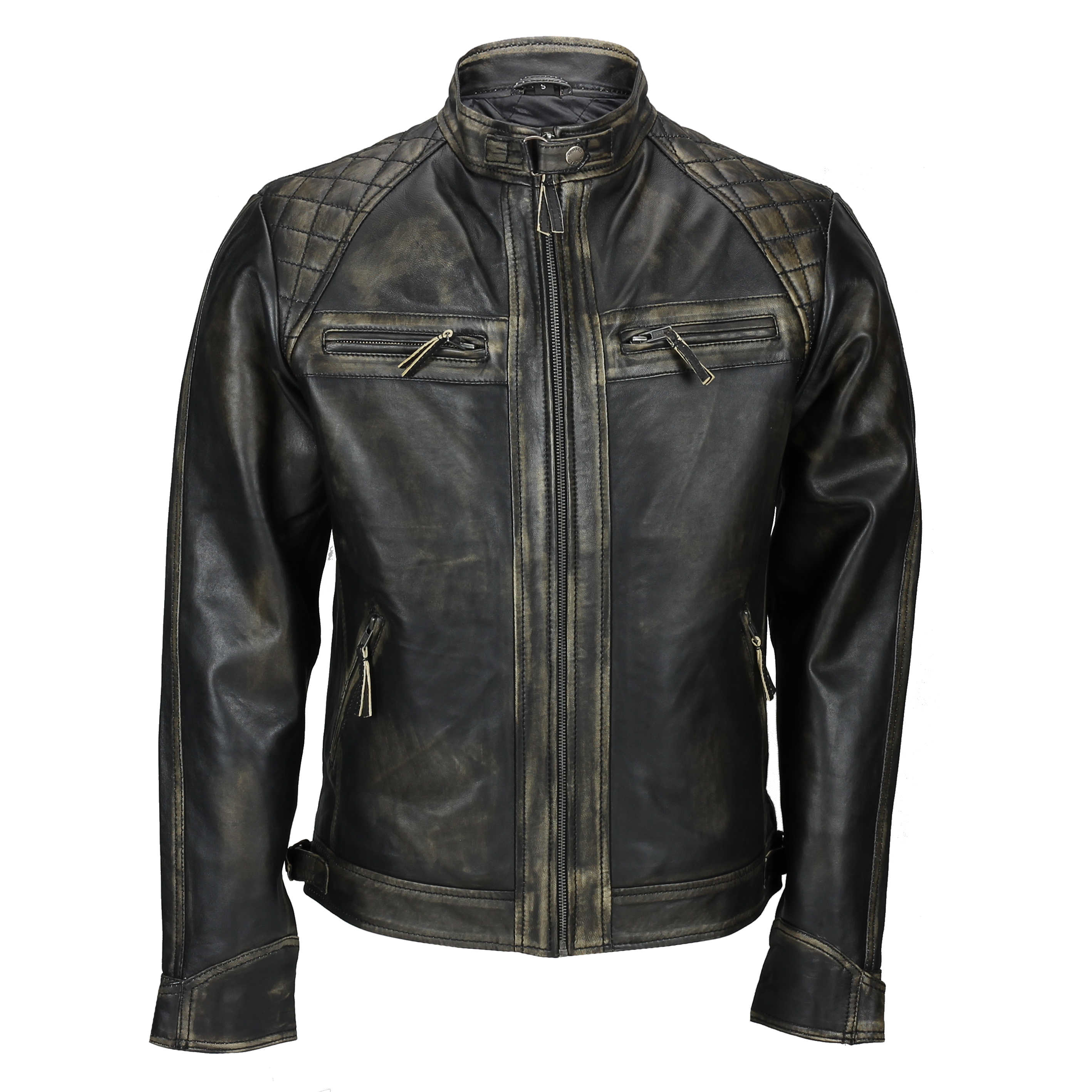 Mens Distressed Vintage Black Washed Real Leather Biker Jacket Zipped 