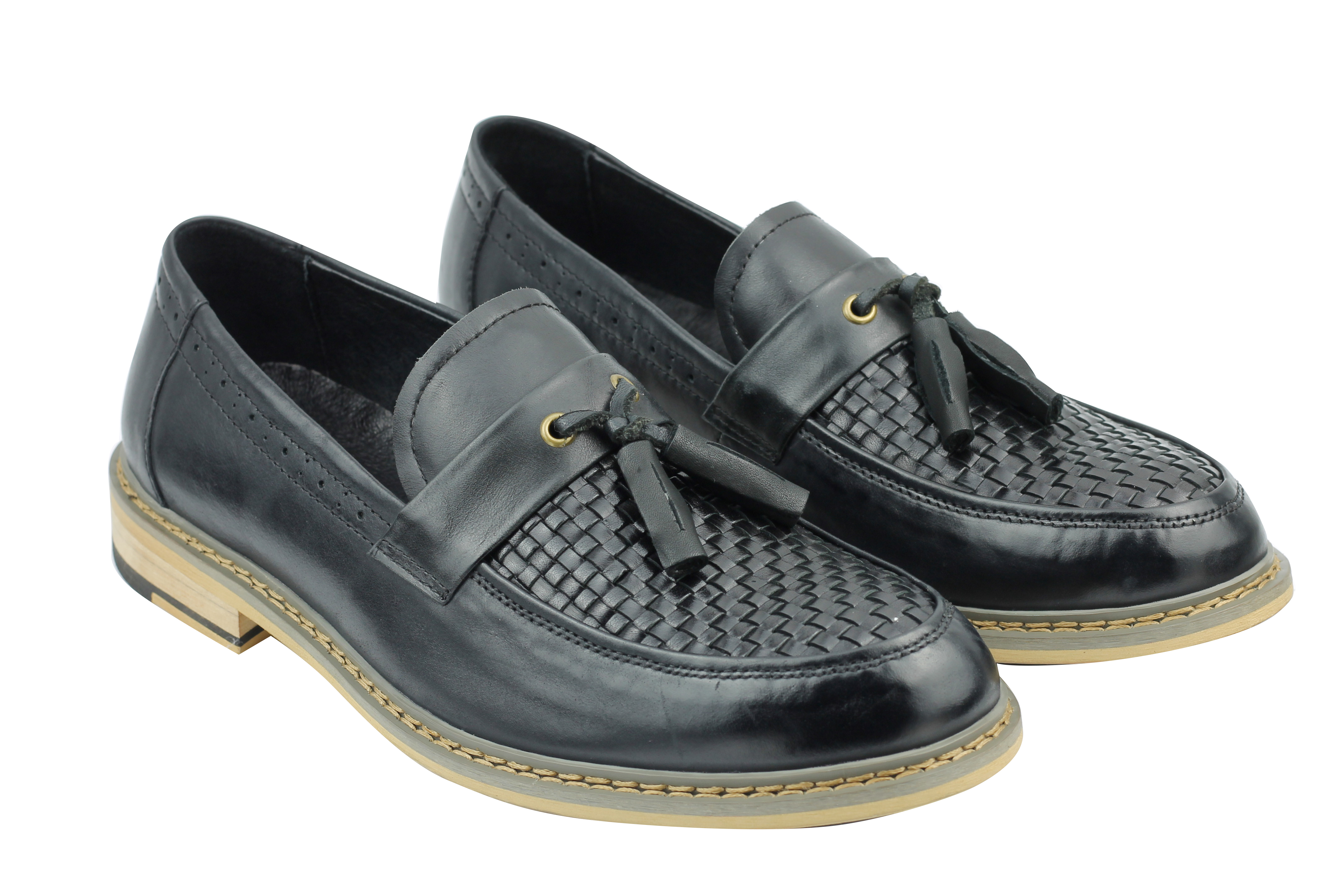 Mens Black Tan Woven Real Leather Tassel Loafers Smart MOD Vintage Driving Shoes | eBay