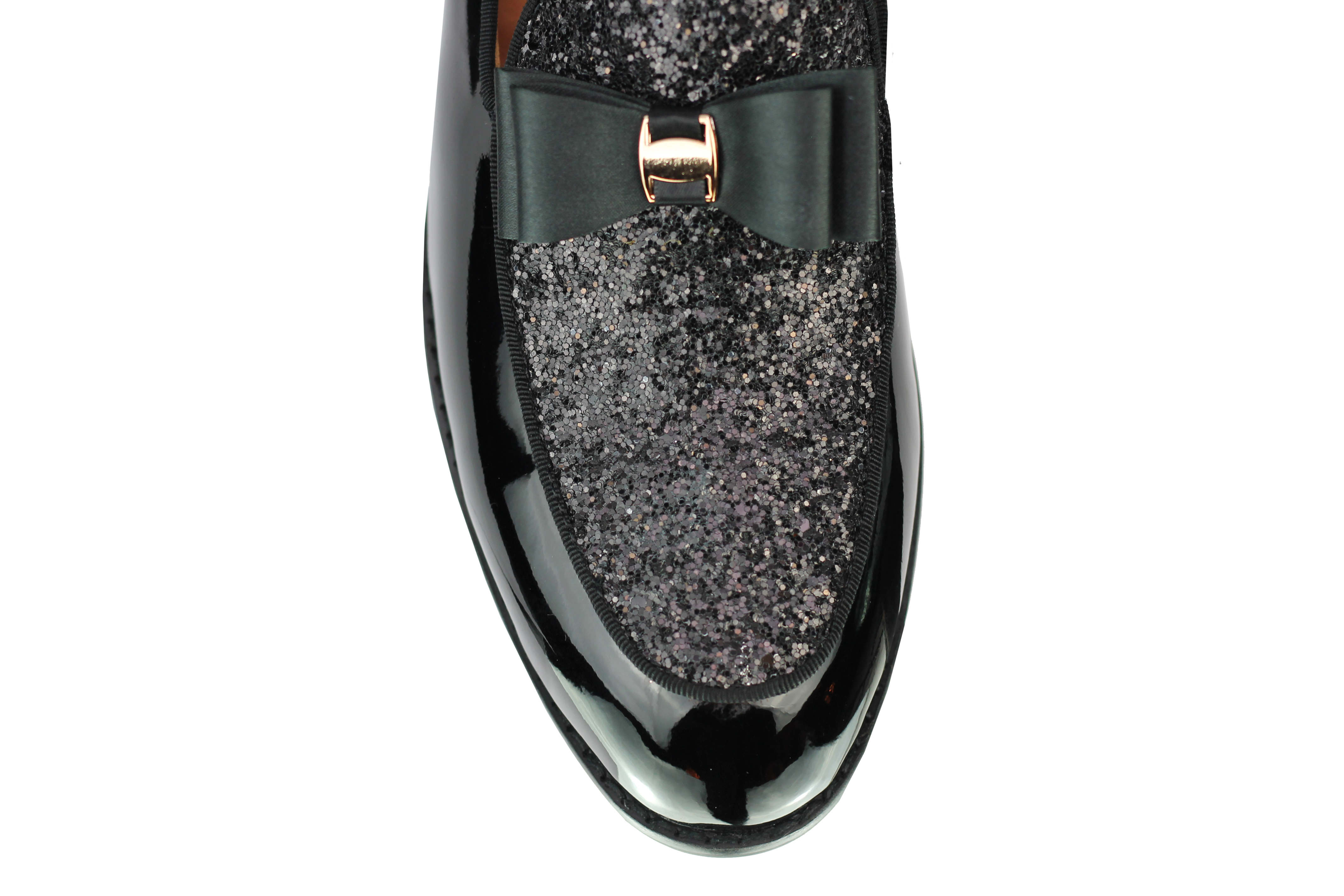 Mens Black Patent Leather Glossy Glitter Bow Tie Loafers 