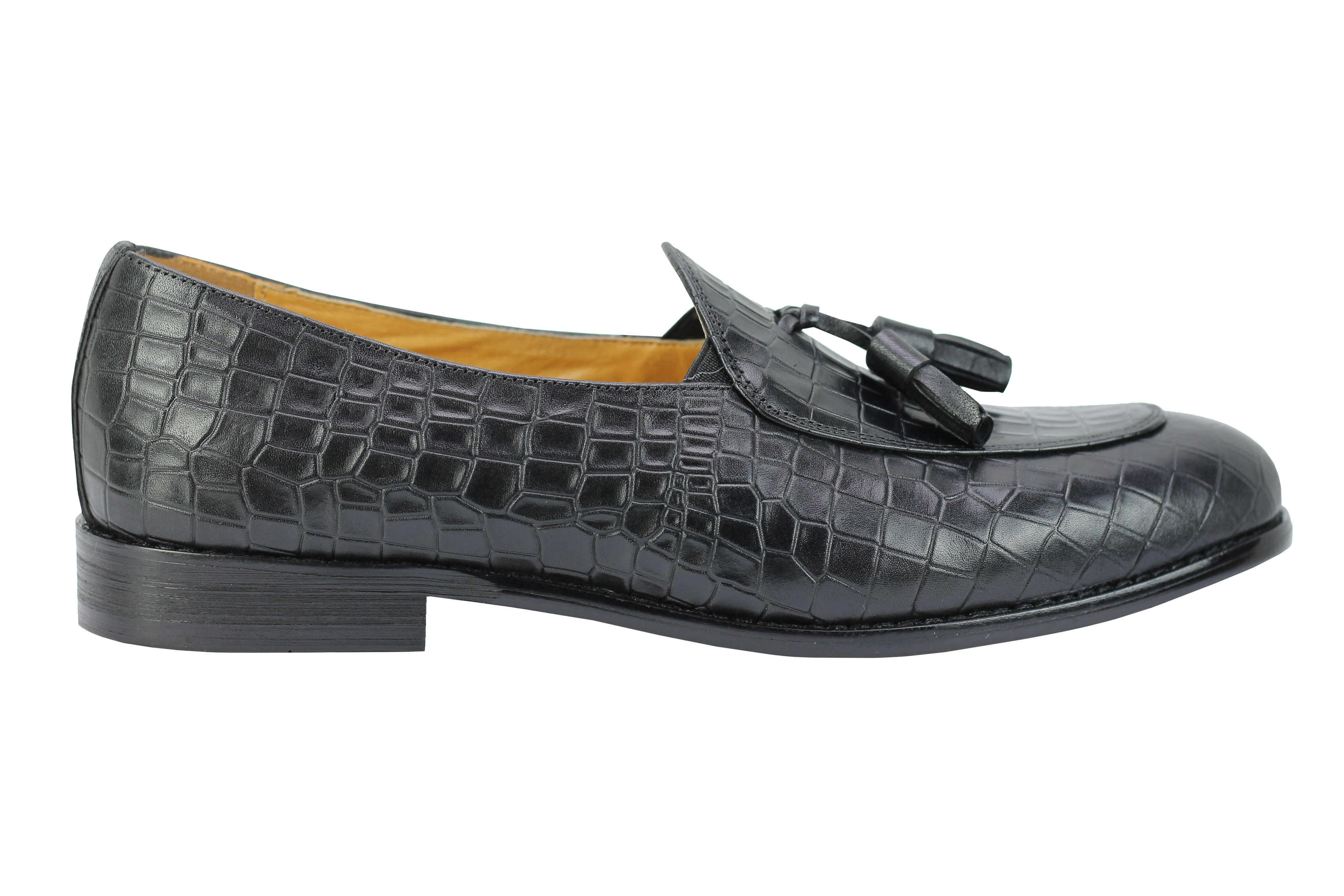 Mens Polished Real Leather Tassel Loafers Crocodile Print Slip Shoes Black Brown