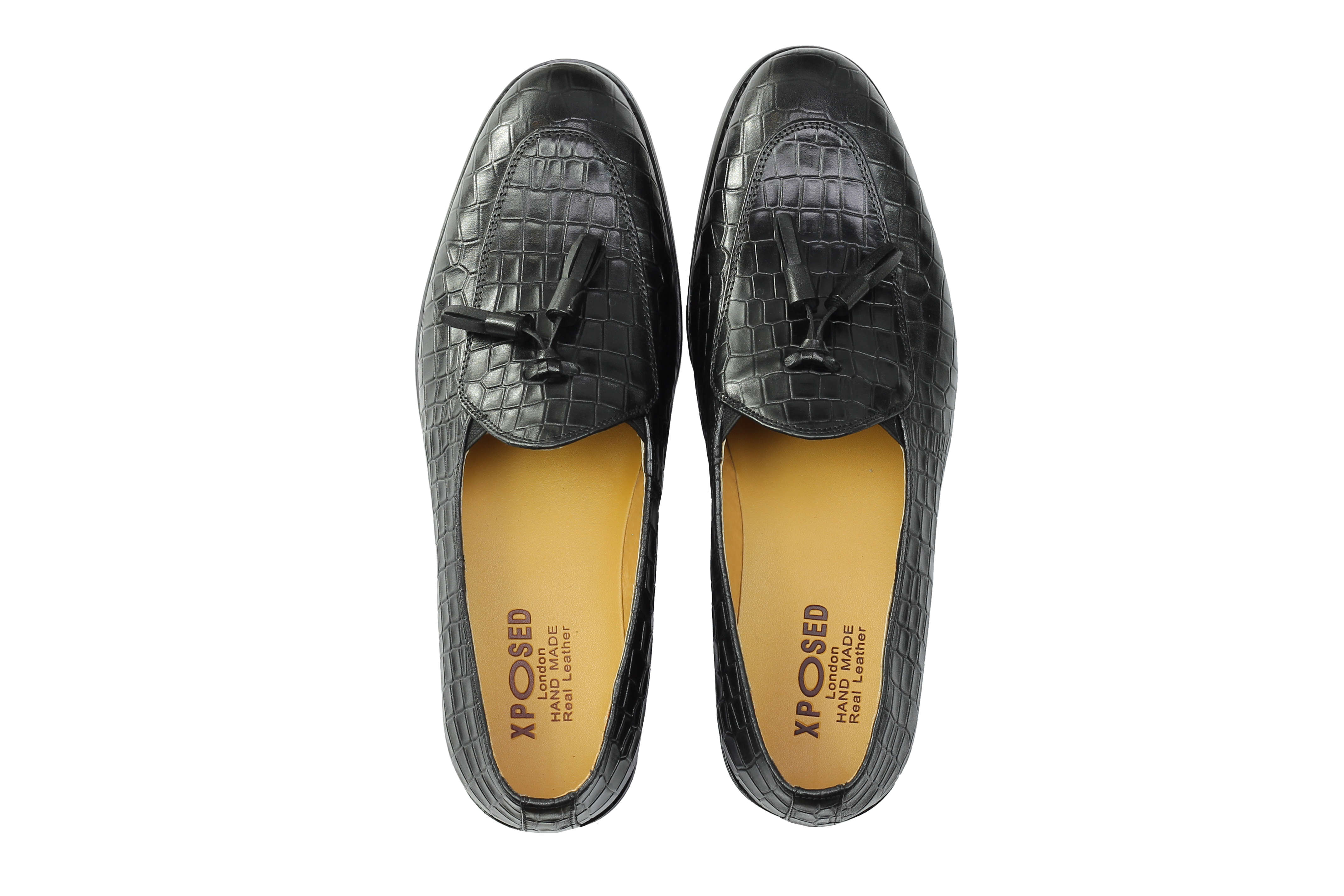 Mens Polished Real Leather Tassel Loafers Crocodile Print Slip Shoes Black Brown