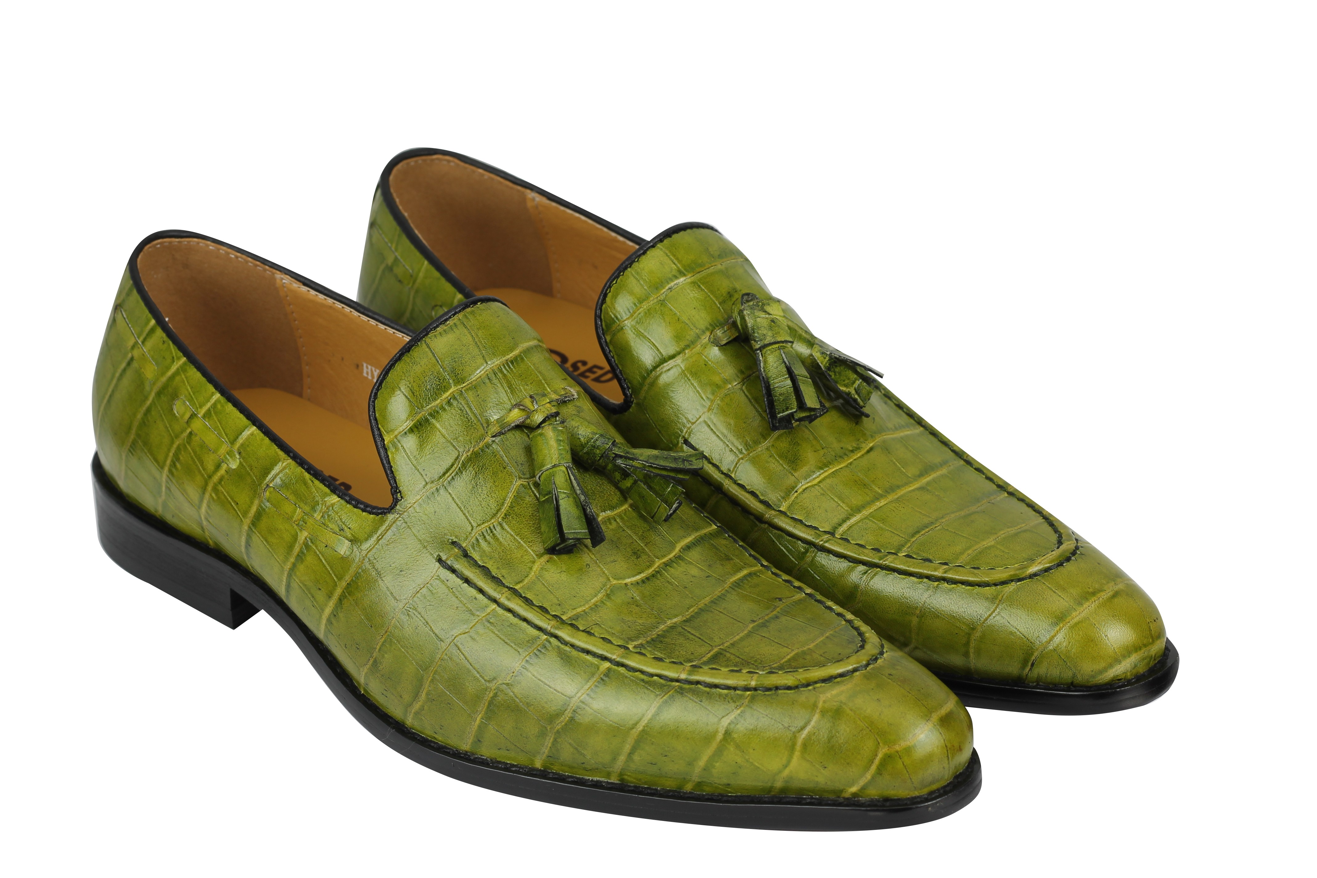 Mens Crocodile Print Shiny Real Leather Tassel Loafers Shoes Vintage Green Black