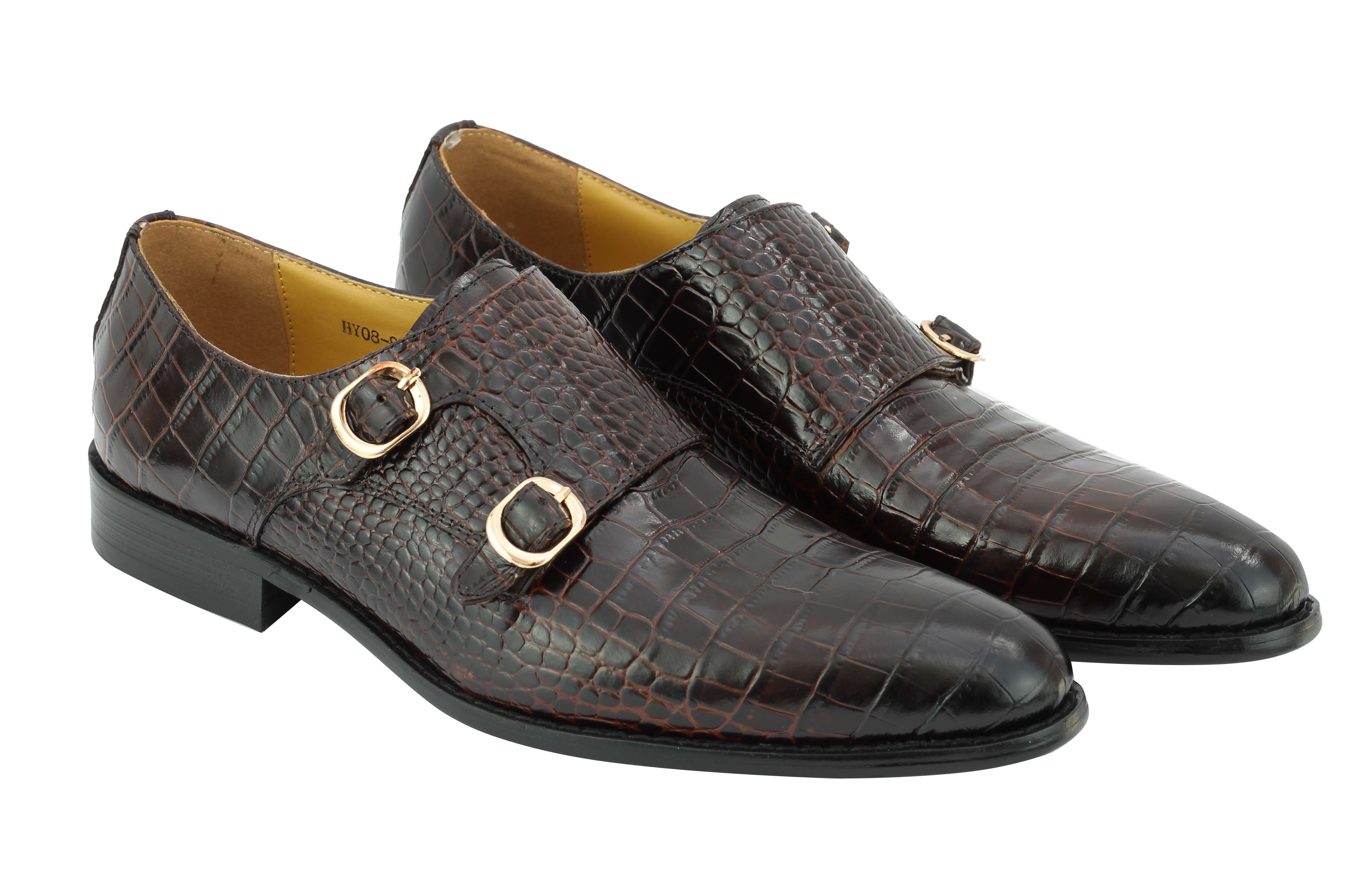 Mens Real Leather Crocodile Print Brown Monk Strap Retro Formal Loafers ...