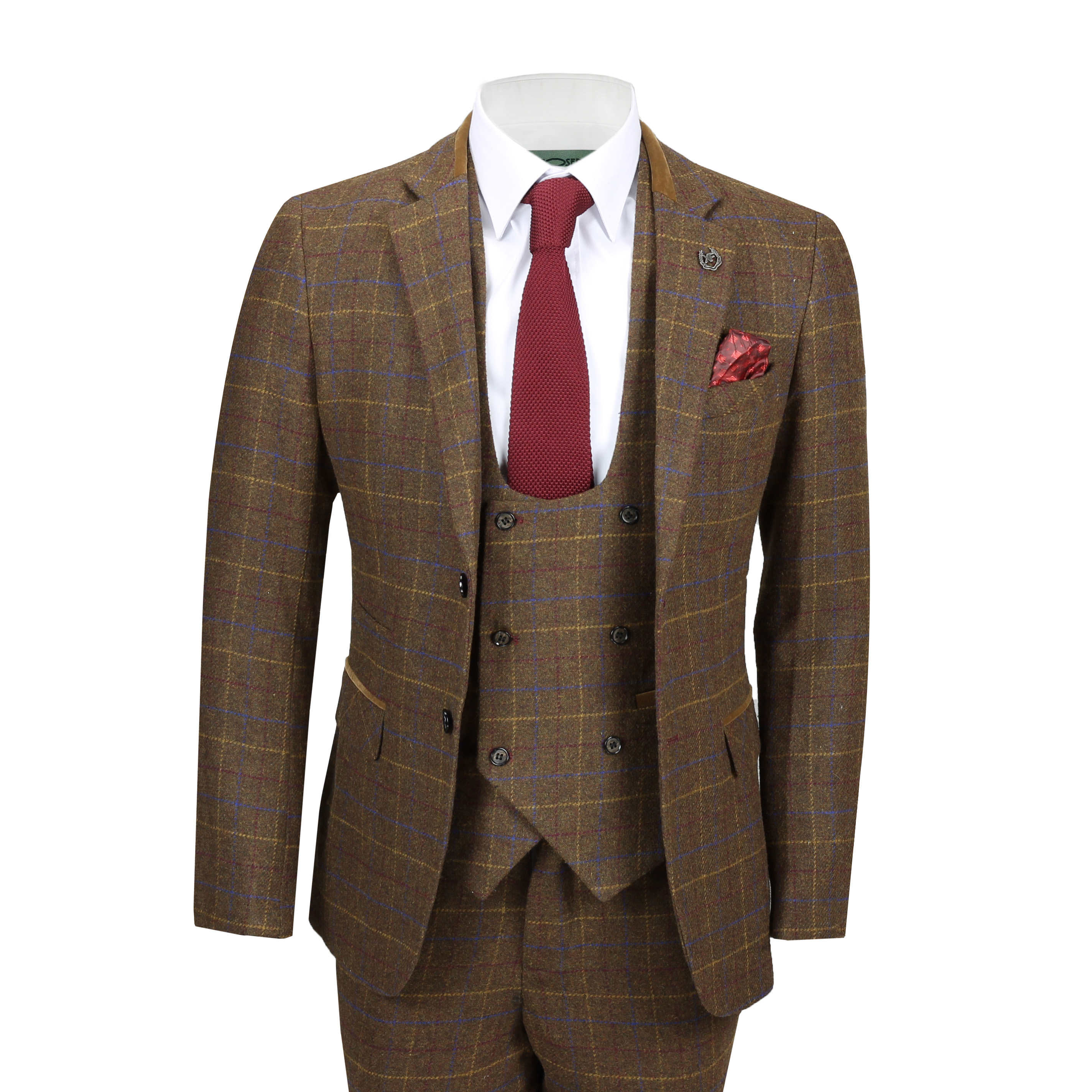Mens 3 Piece Oak Brown Tweed Check Suit Blazer Waistcoat Trouser Sold ...