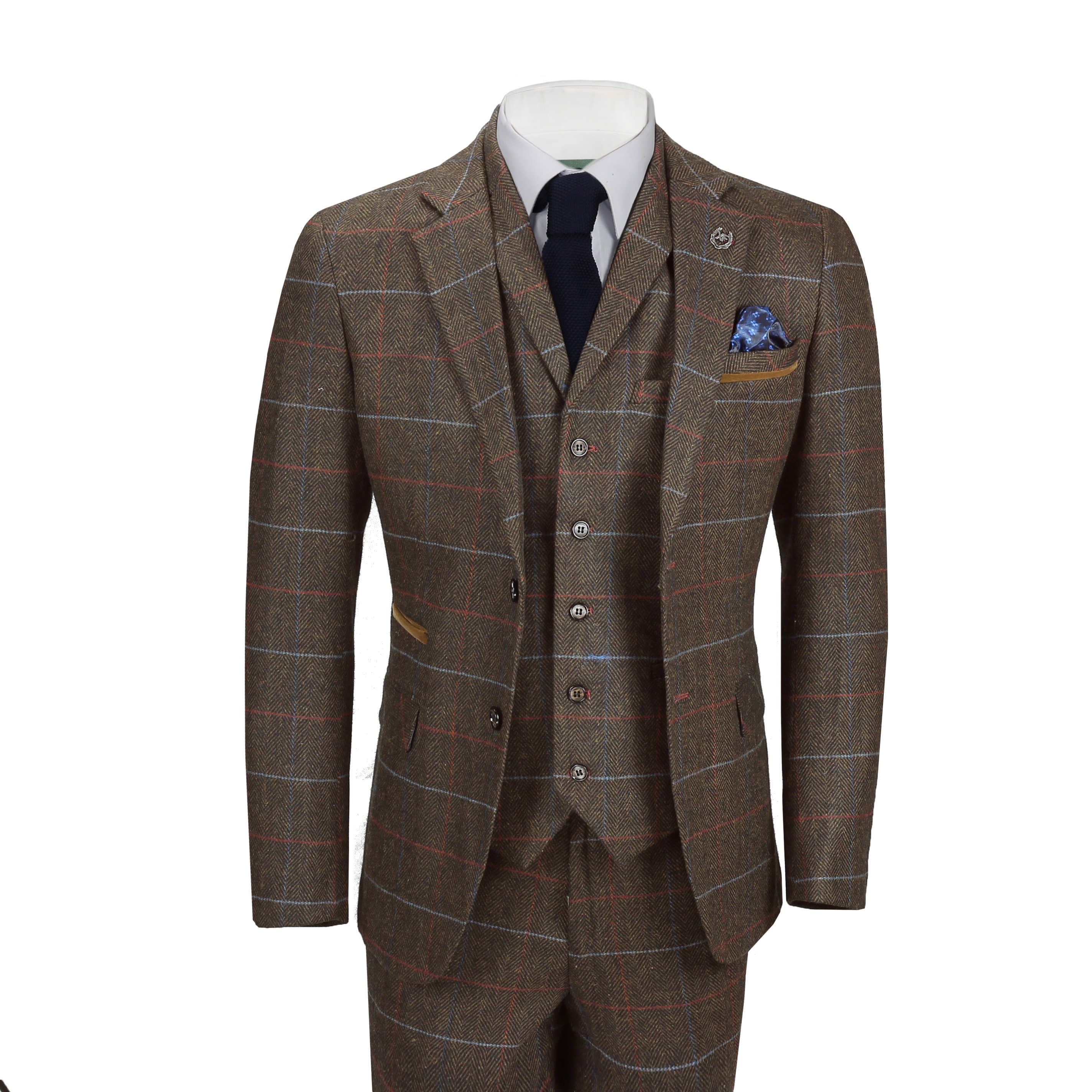 Mens 3 Piece Brown Check Herringbone Suit Blazer Waistcoat Trouser Sold ...
