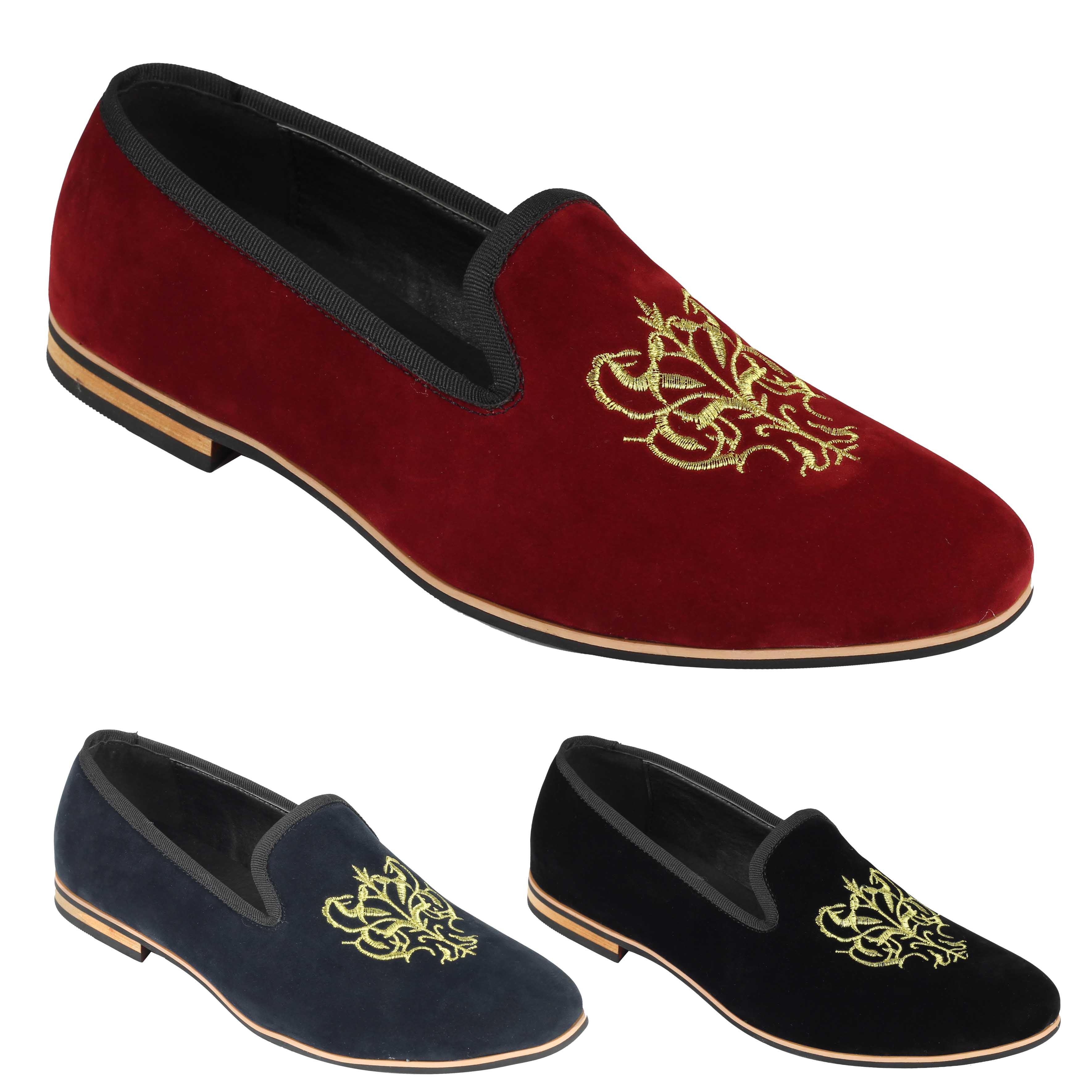 Mens Faux Suede Leather Gold Embroidery Logo Slip On Loafers Dress