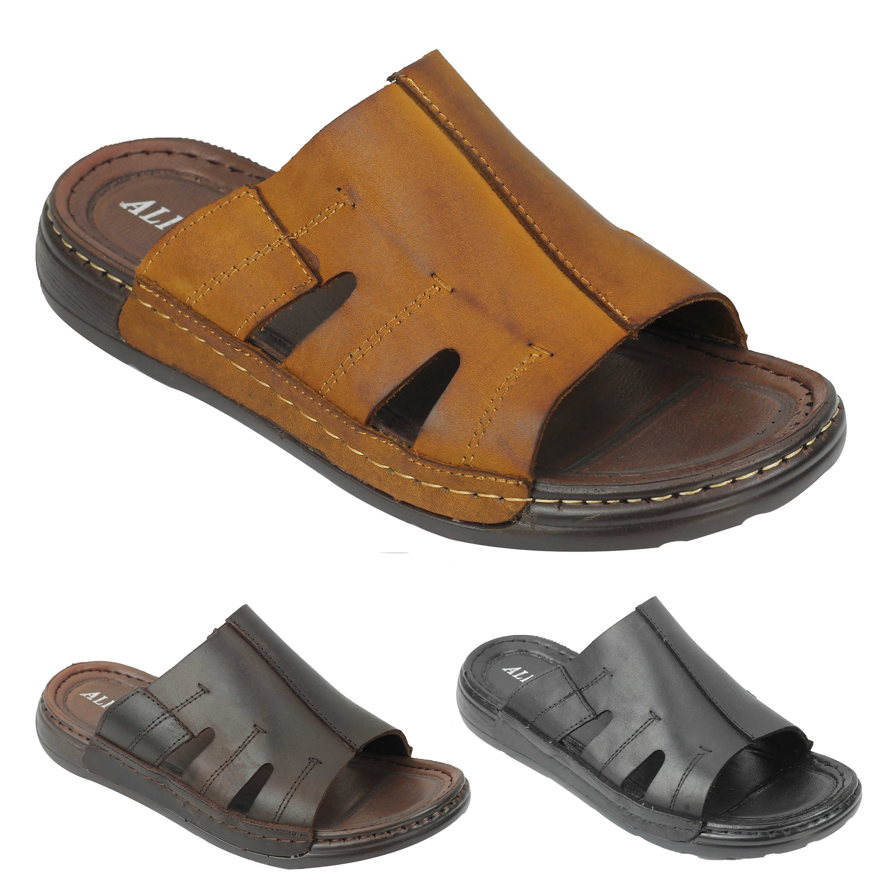 mens leather open toe slippers
