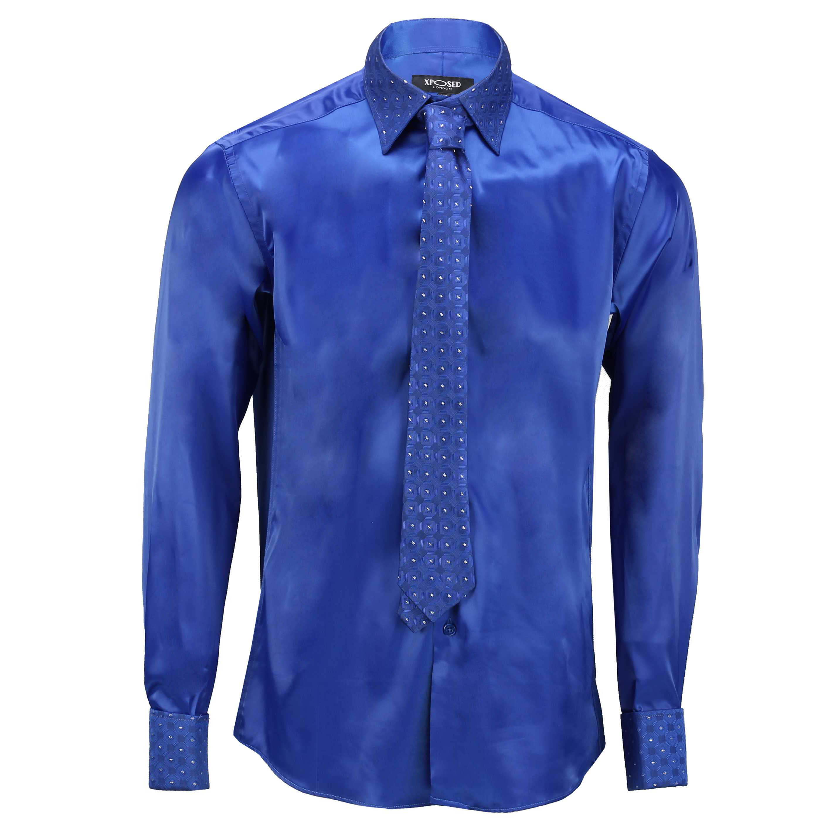 Robelli Silver Men's Diamante Collar Cuff Satin Dress Shirt & Matching Tie 