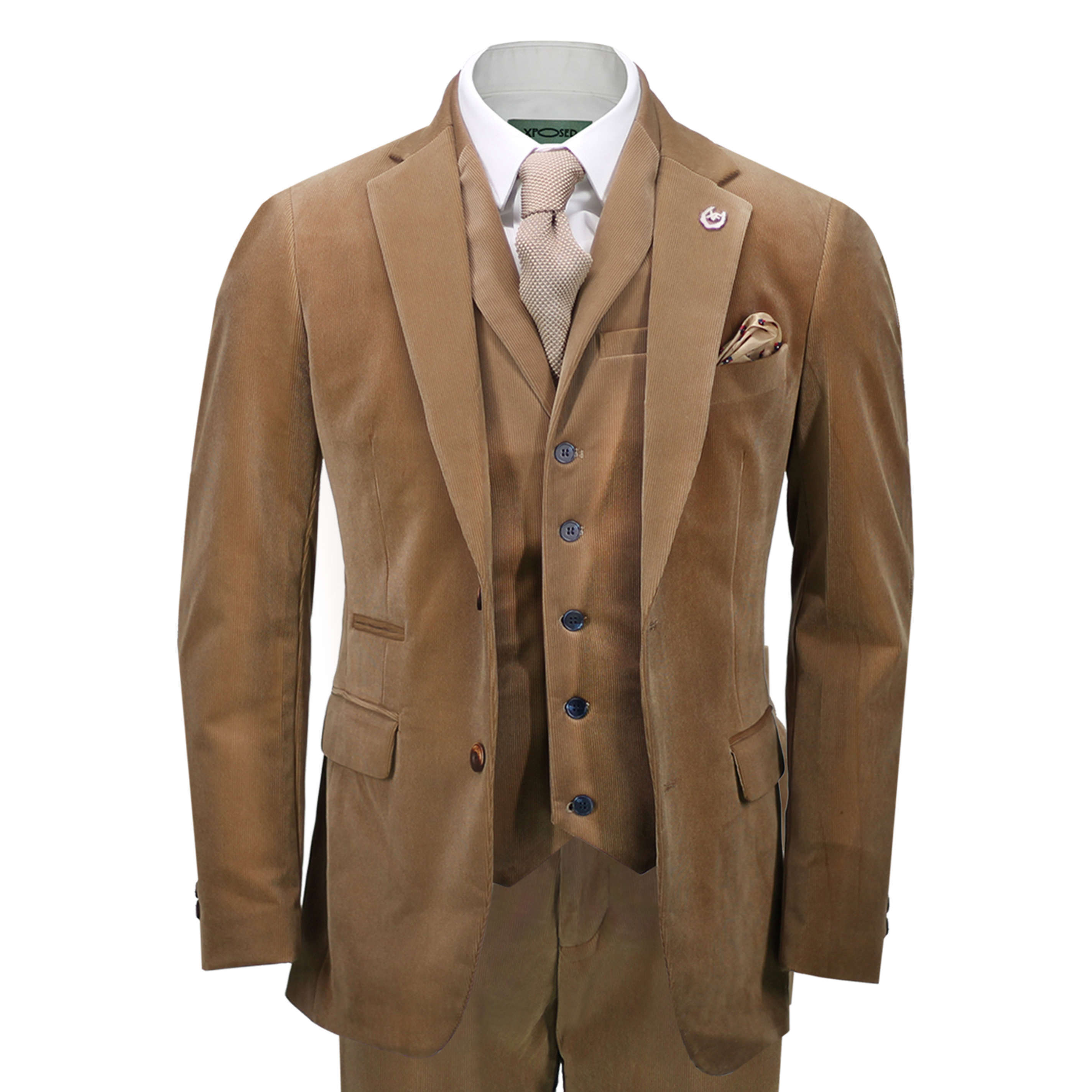 Mens Corduroy 3 Piece Suit Tan Classic Vintage Style Tailored Fit Jacket Waistcoat Trousers