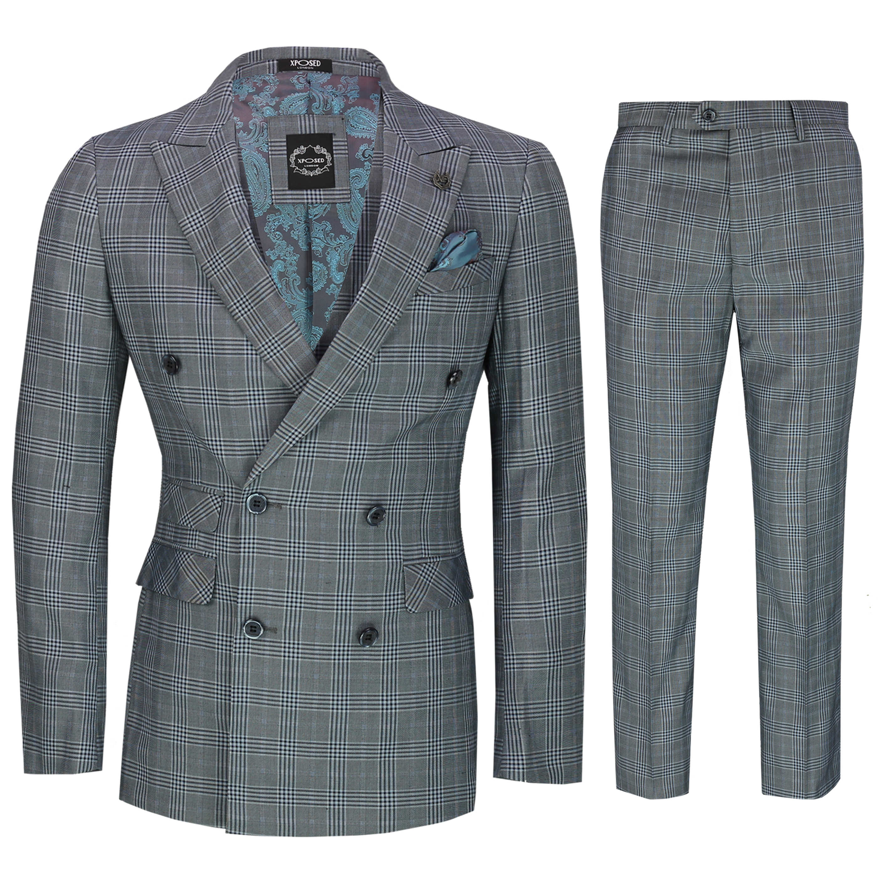 Mens Classic Grey Blue Prince of Wales Checks 3 Piece Double Breasted Suit Smart Retro Tailored Fit