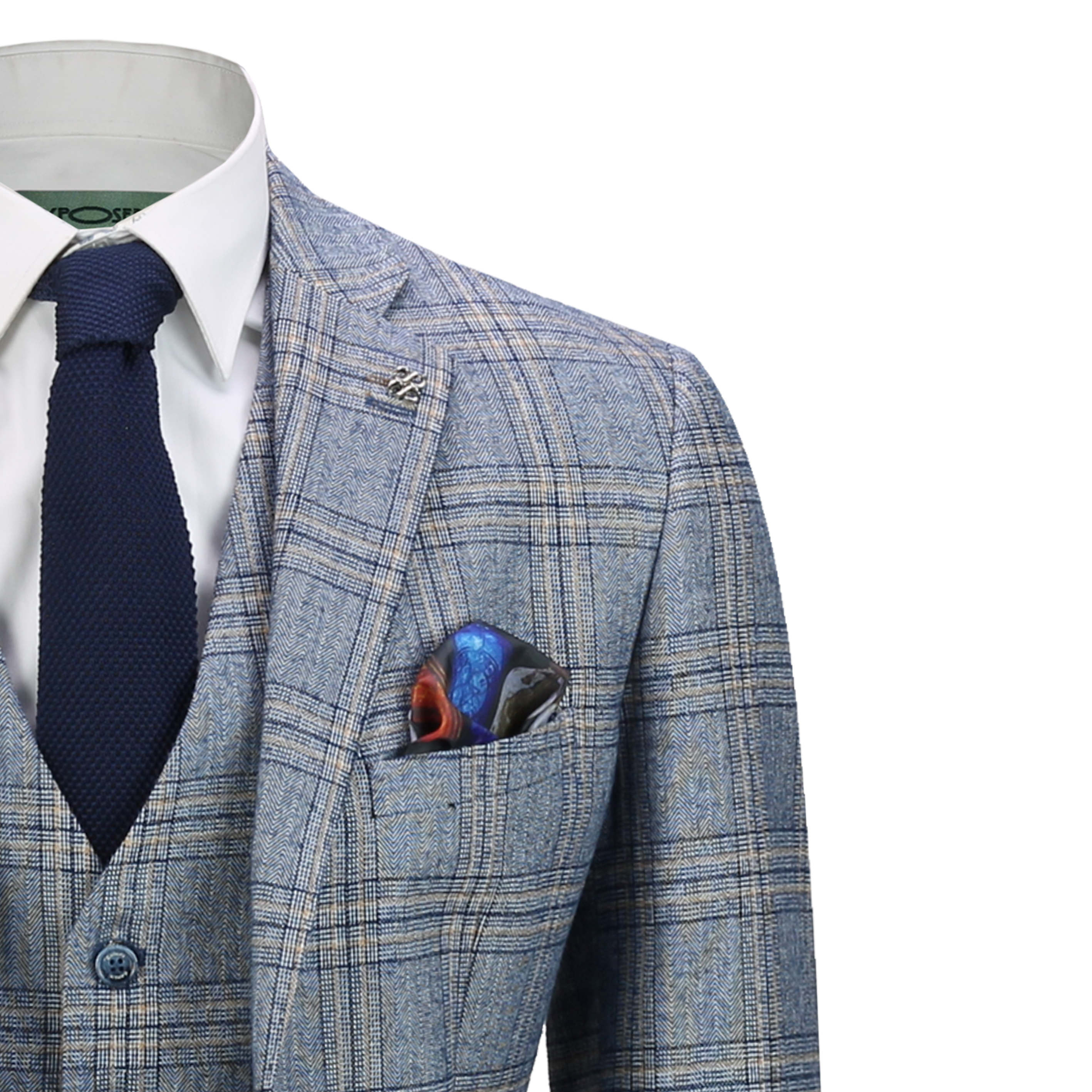 Mens Retro Vintage Blue Yellow Grid Check 3 Piece Tweed Suit Smart Tailored Fit 