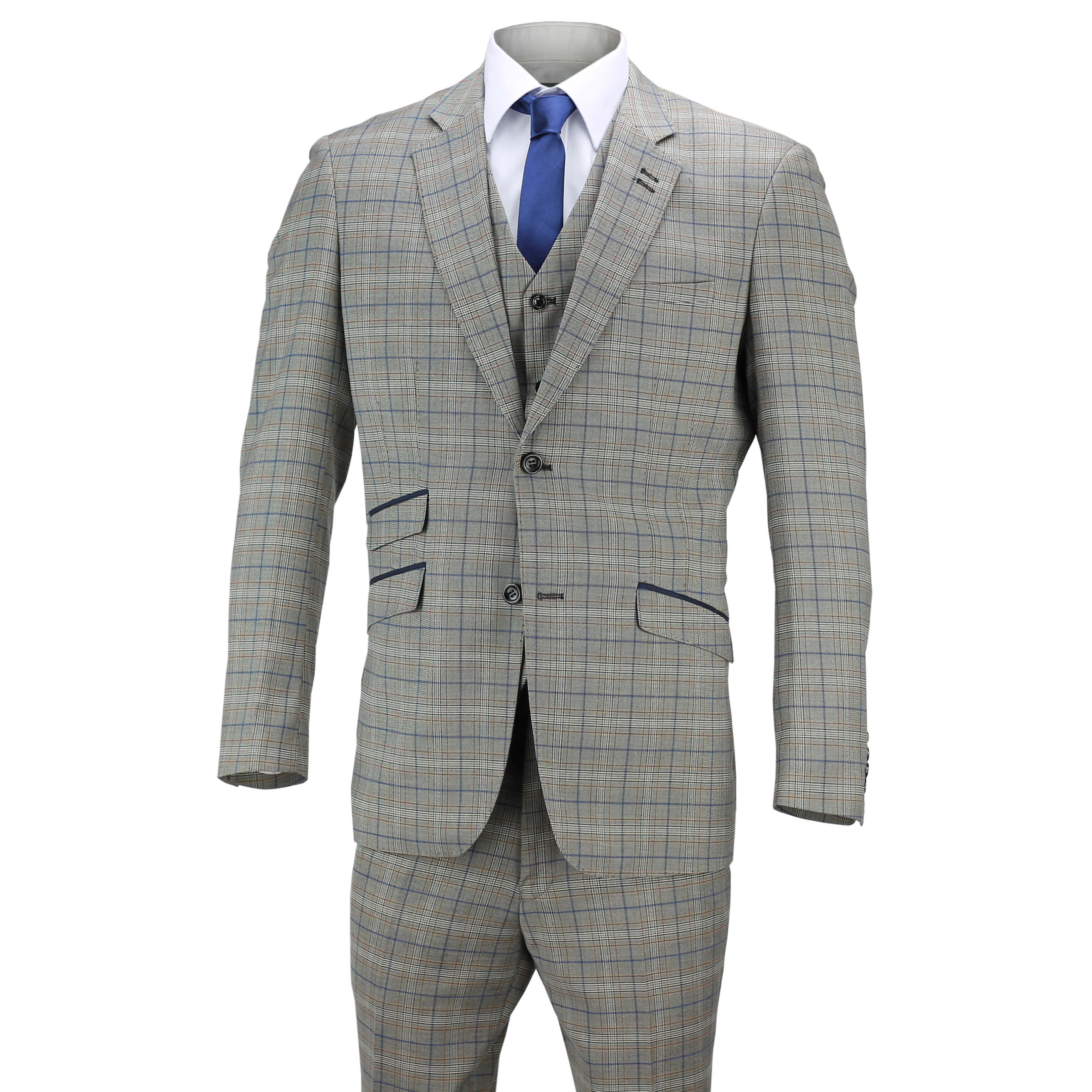 Mens Fitted Grey Checked 3 Pcs Suit Blazer Trouser 2 Button Wedding ...