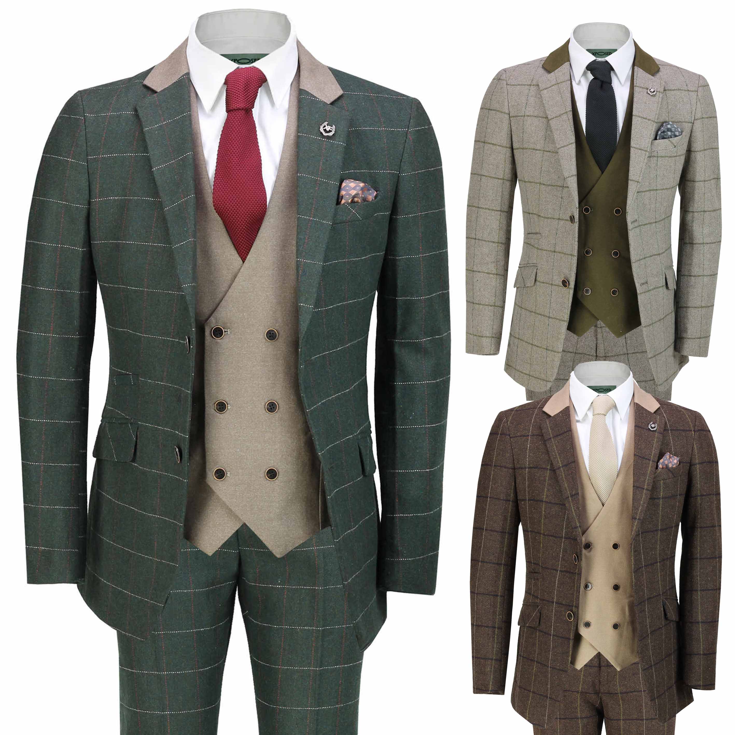 Mens Classic 3 Piece Tweed Suit Herringbone Check Smart Retro Tailored ...