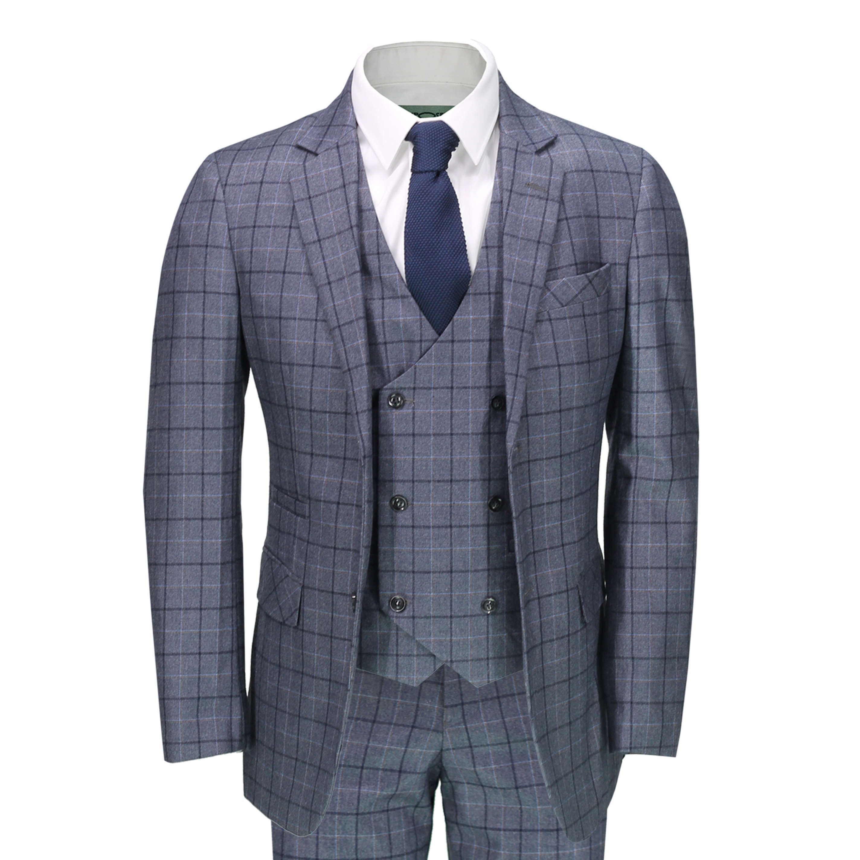 Mens Classic Grey Blue Prince of Wales Checks 3 Piece Double Breasted Suit Smart Retro Tailored Fit