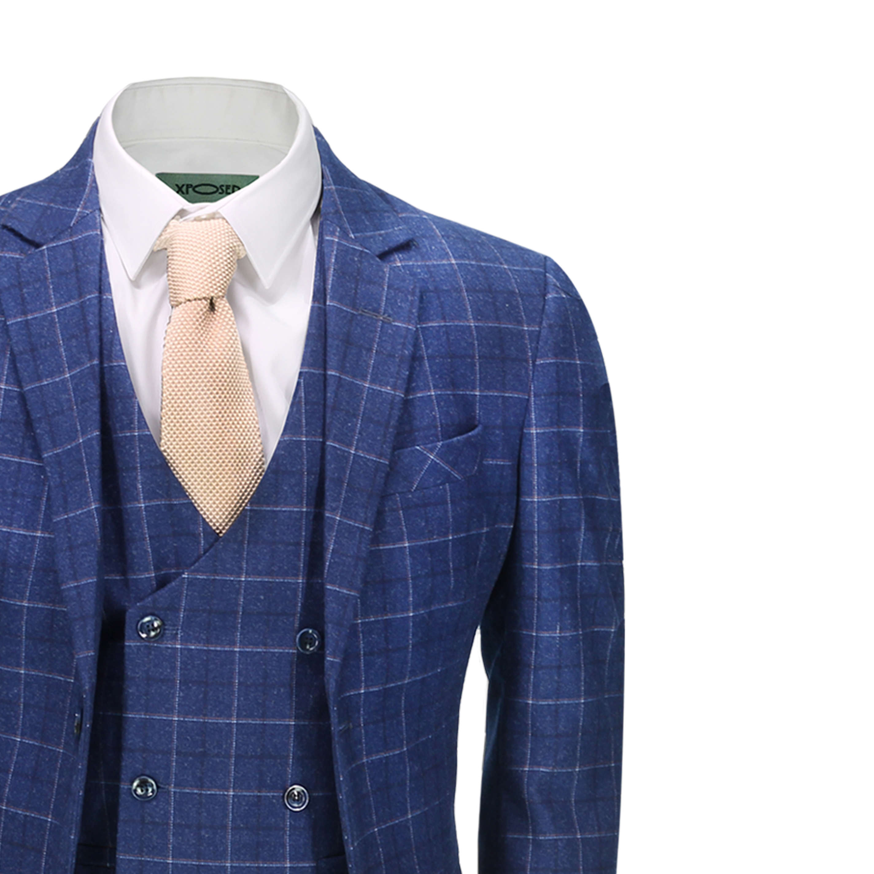 Mens 3 Piece Suit Blue Check on Navy Vintage Retro Smart Tailored Fit UK Size 
